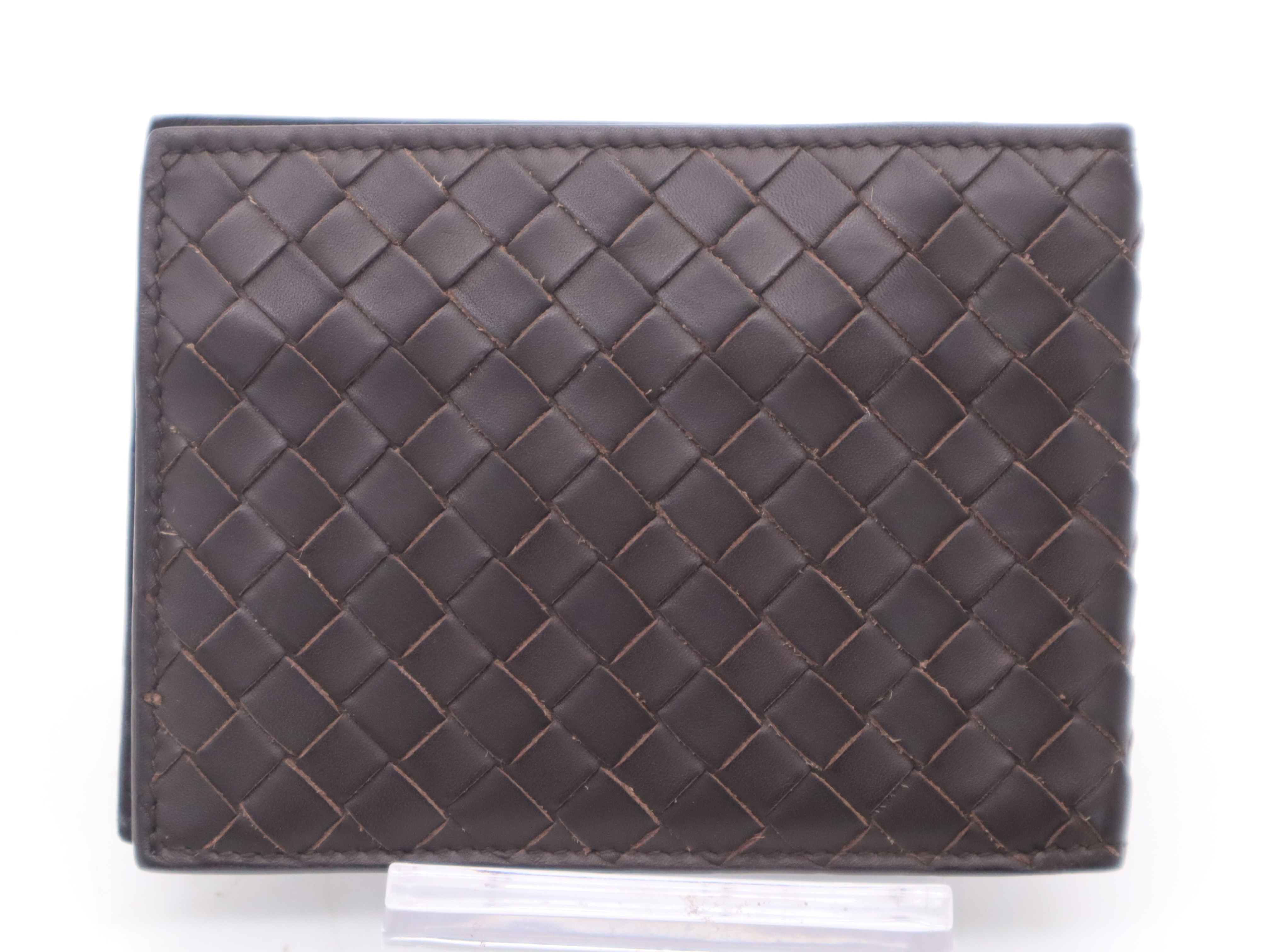 Leather Intrecciato Bi-fold Wallet, Brown — view 2