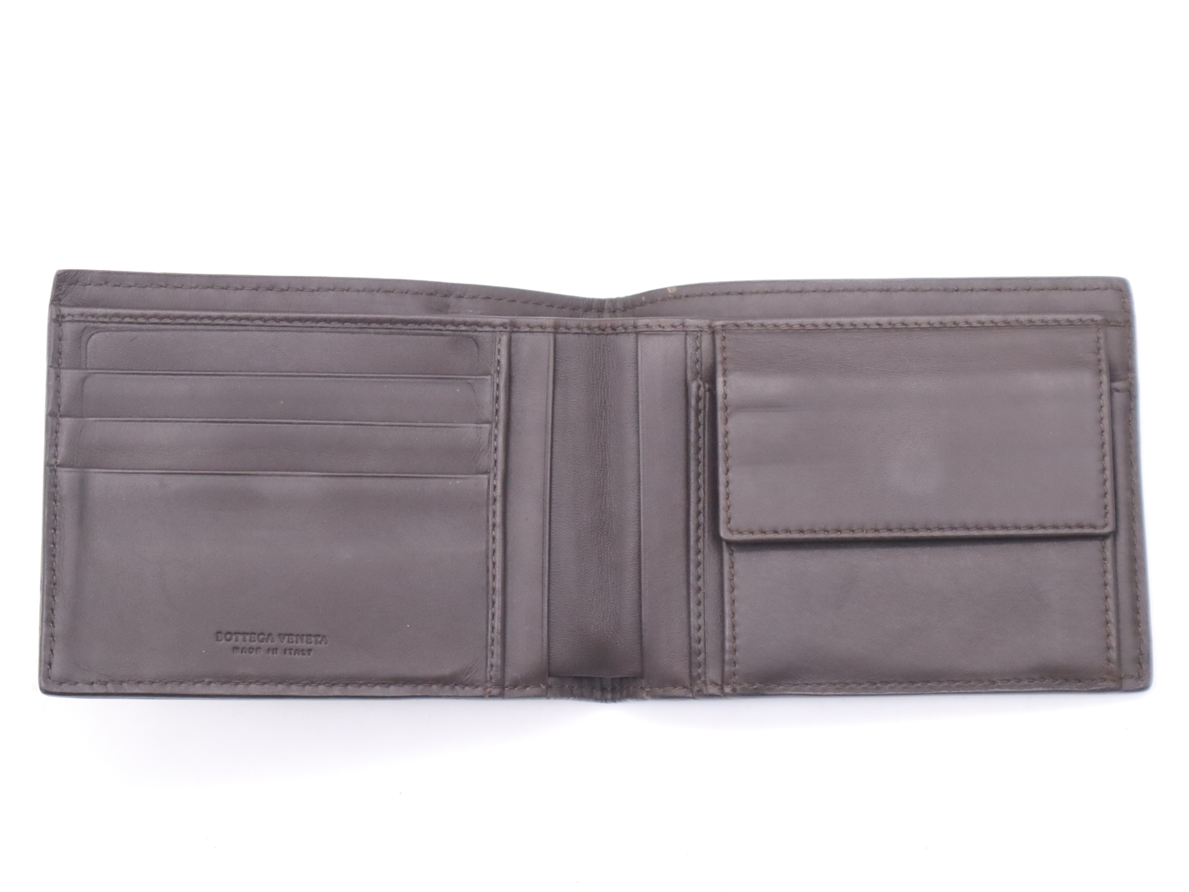 Leather Intrecciato Bi-fold Wallet, Brown — view 9