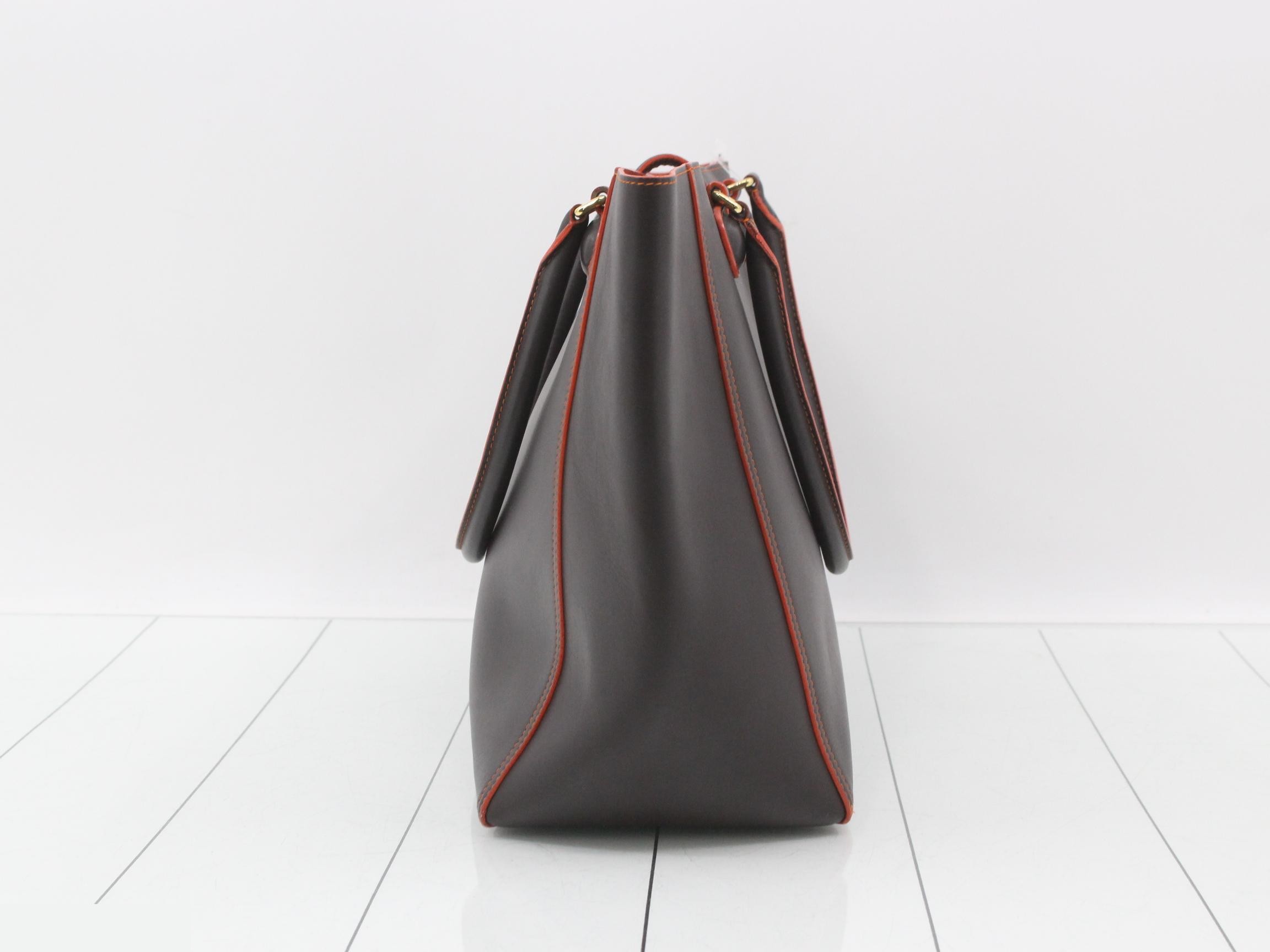 Leather Leo tote bag, brown and orange, gold hardware, with pouch. — view 3