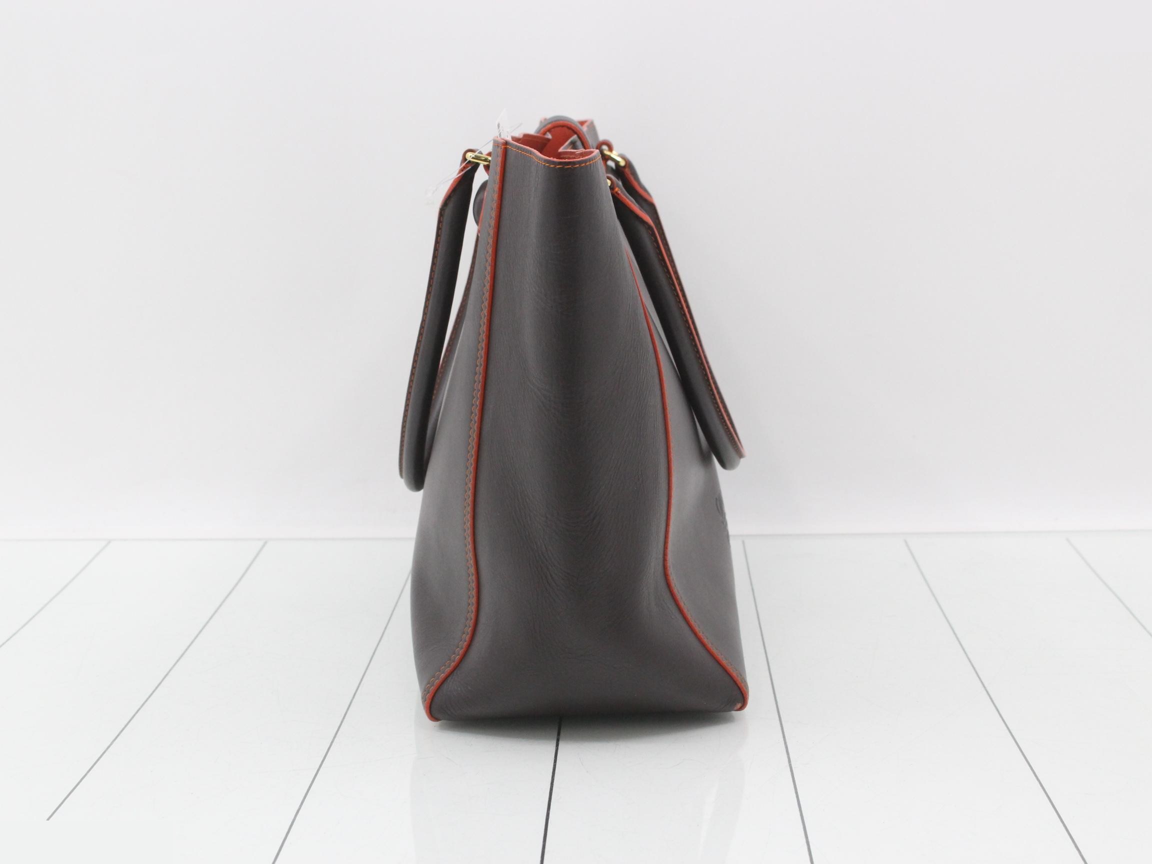 Leather Leo tote bag, brown and orange, gold hardware, with pouch. — view 4