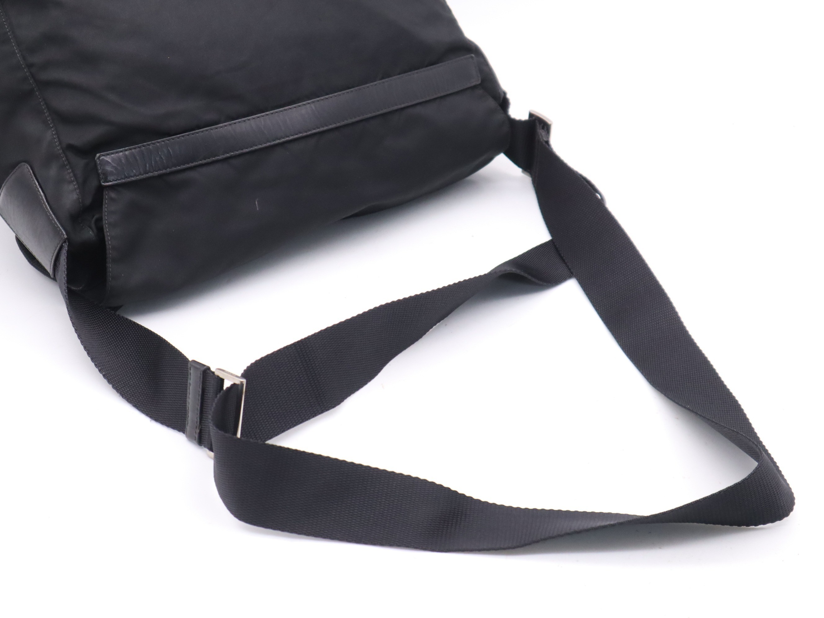 Leather x Nylon Messenger Shoulder Bag, Black, Silver Hardware — view 6