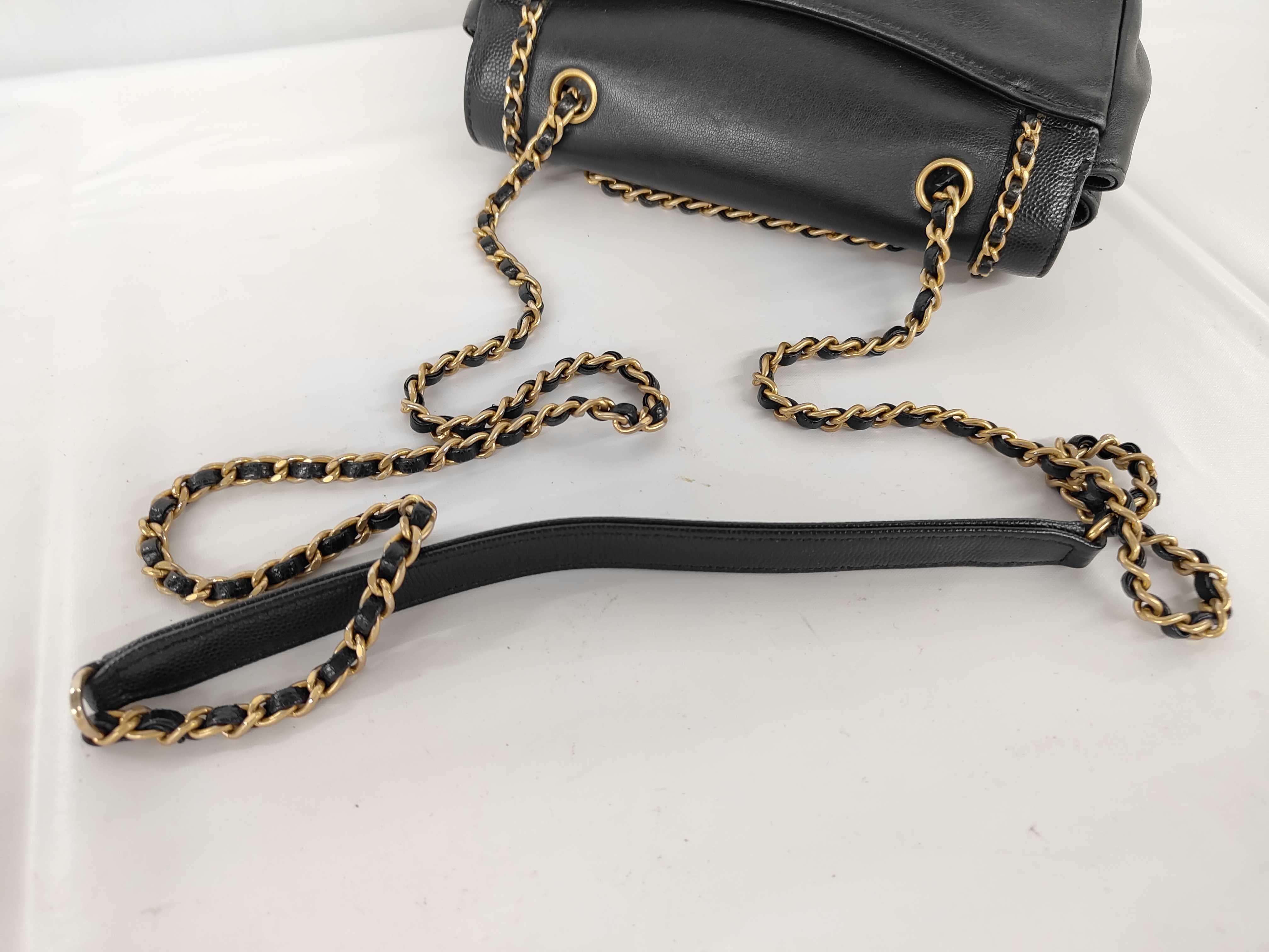 Chain Around Flap Shoulder Bag, Black Leather, Coin Charm, Gold Hardware. — view 3
