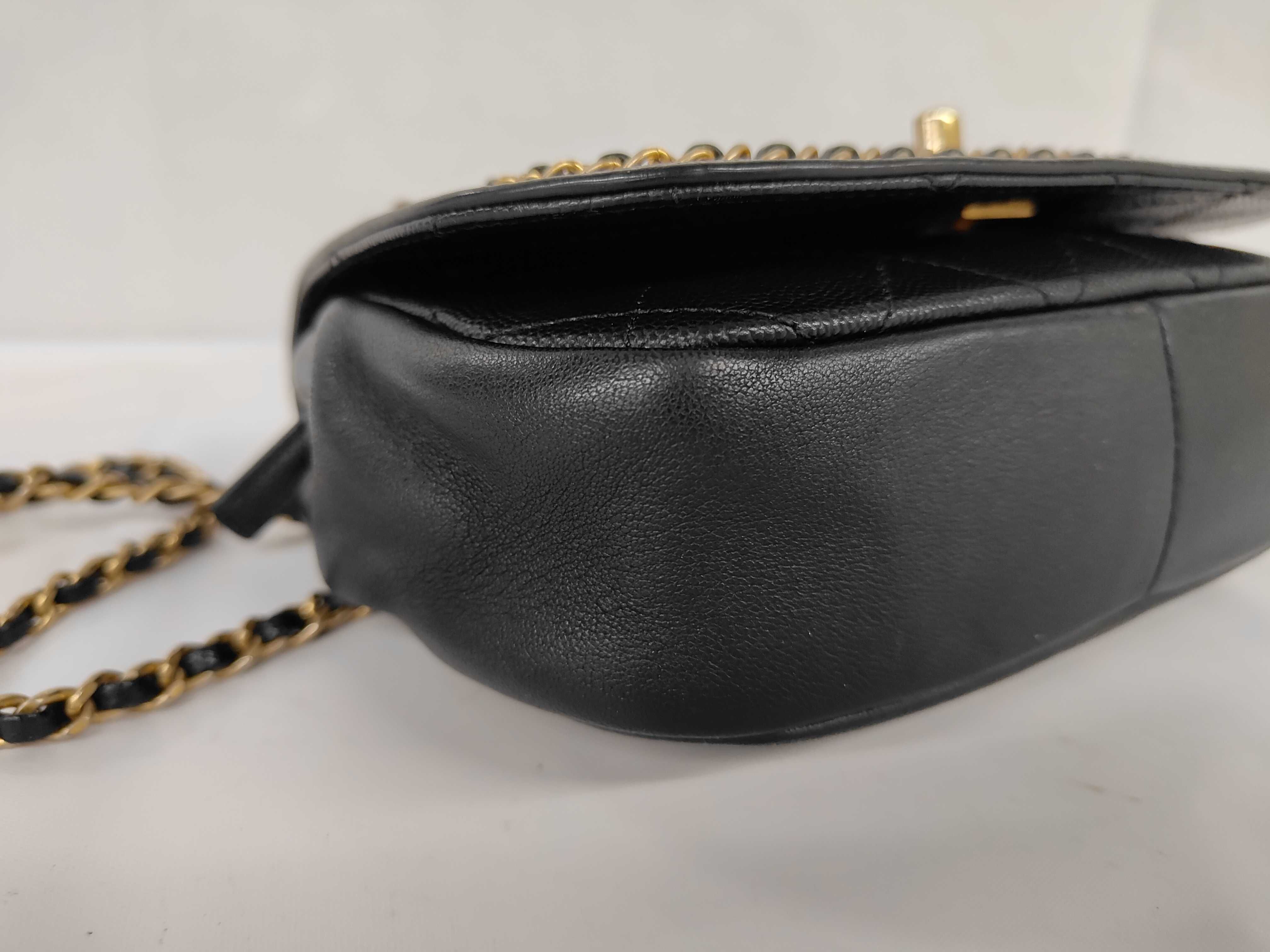 Chain Around Flap Shoulder Bag, Black Leather, Coin Charm, Gold Hardware. — view 7