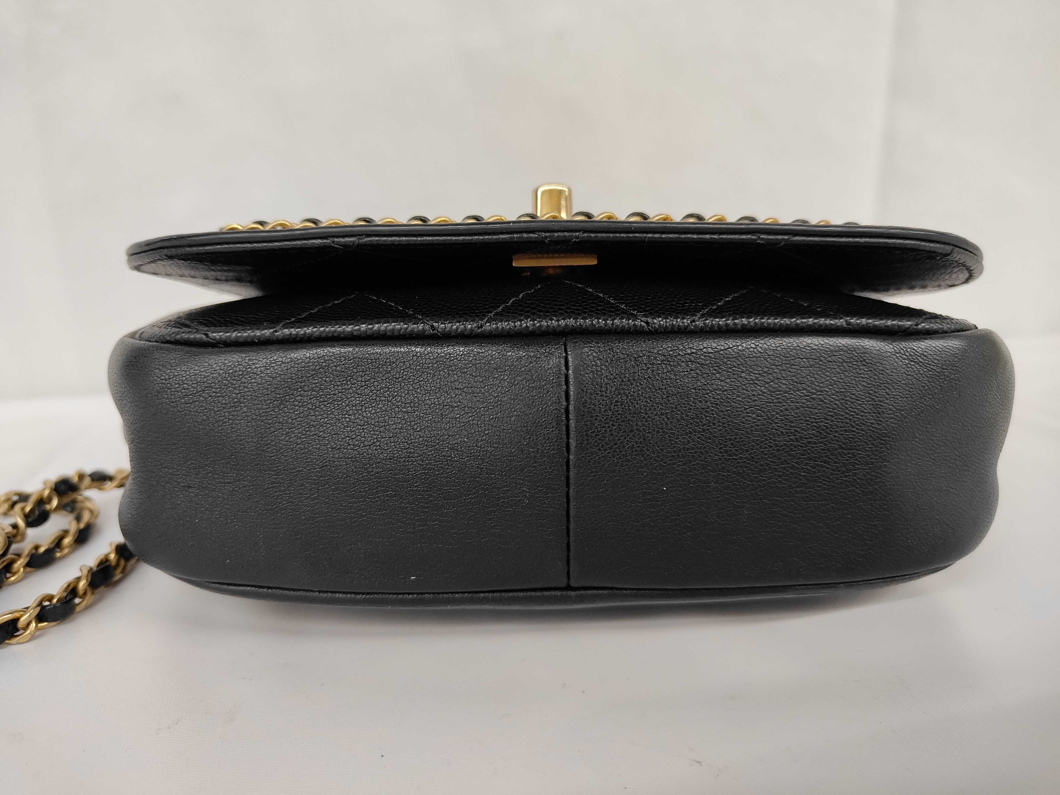 Chain Around Flap Shoulder Bag, Black Leather, Coin Charm, Gold Hardware. — view 8