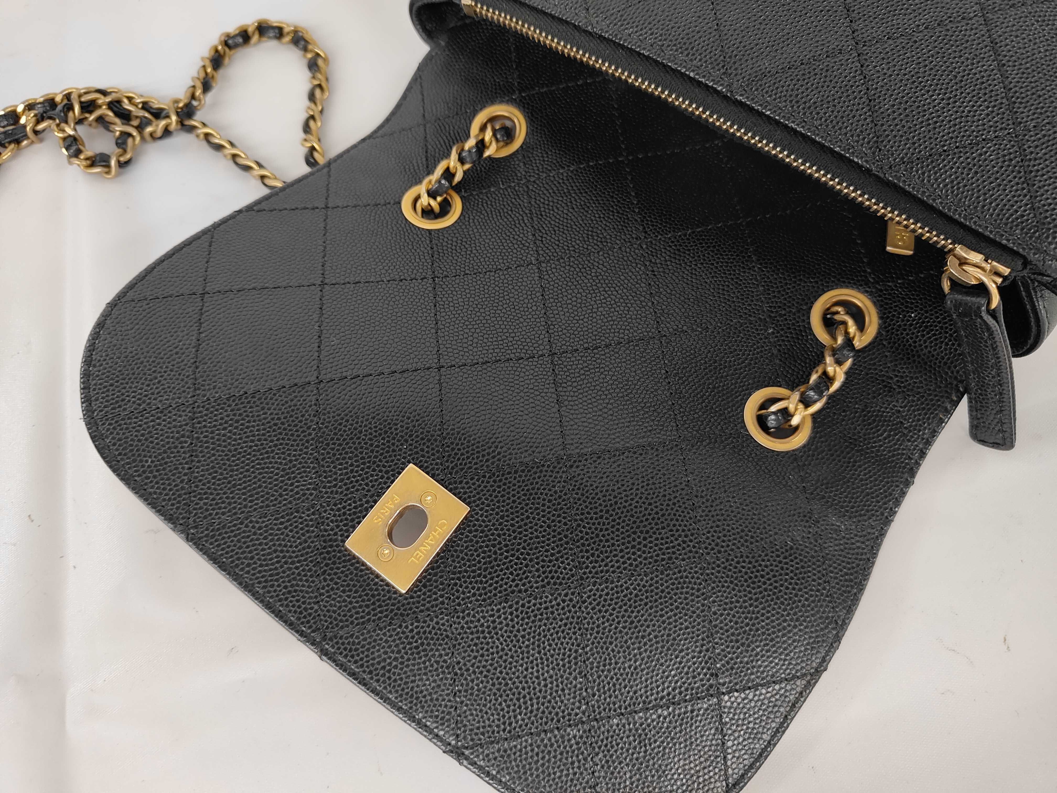 Chain Around Flap Shoulder Bag, Black Leather, Coin Charm, Gold Hardware. — view 9