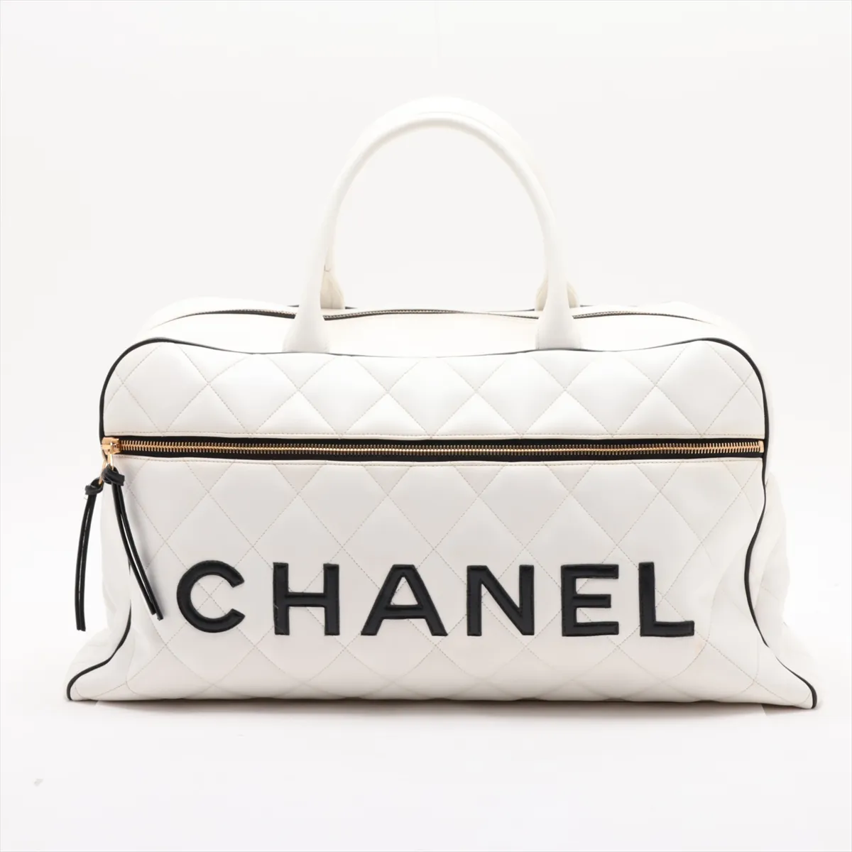 Matelassé Leather Boston Bag, Logo, White, Gold Hardware, 3566930, Series 3
