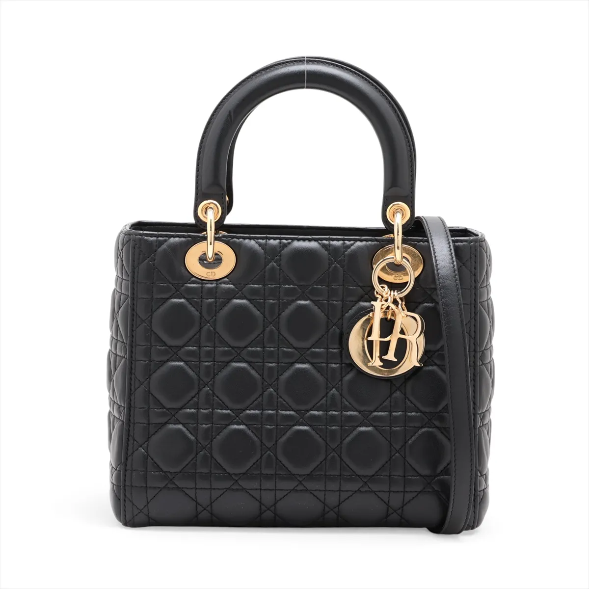 Cannage Lady Dior Leather 2-Way Handbag, Black