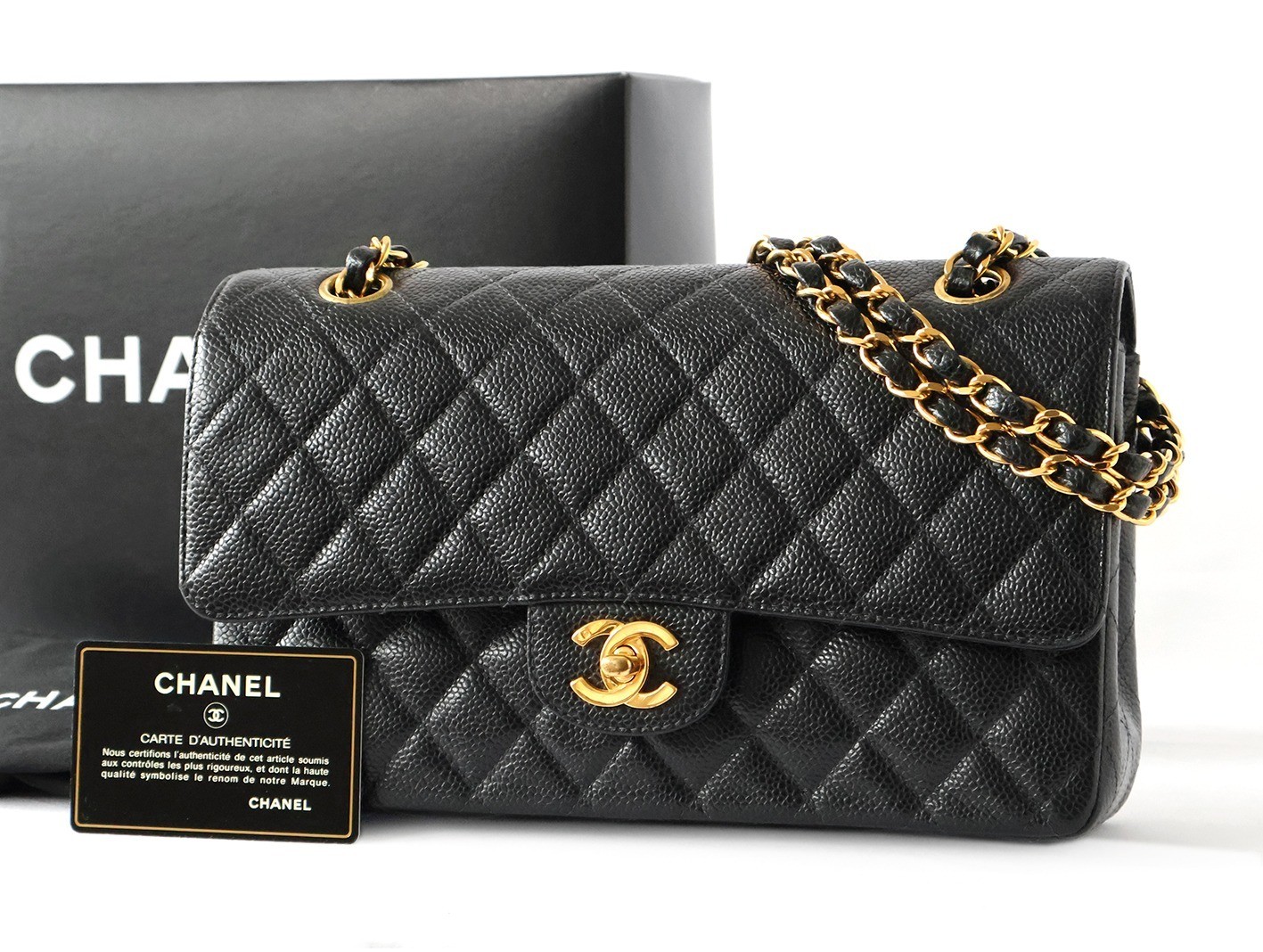 Caviar leather Matelassé 25 Double flap Double chain shoulder bag, black