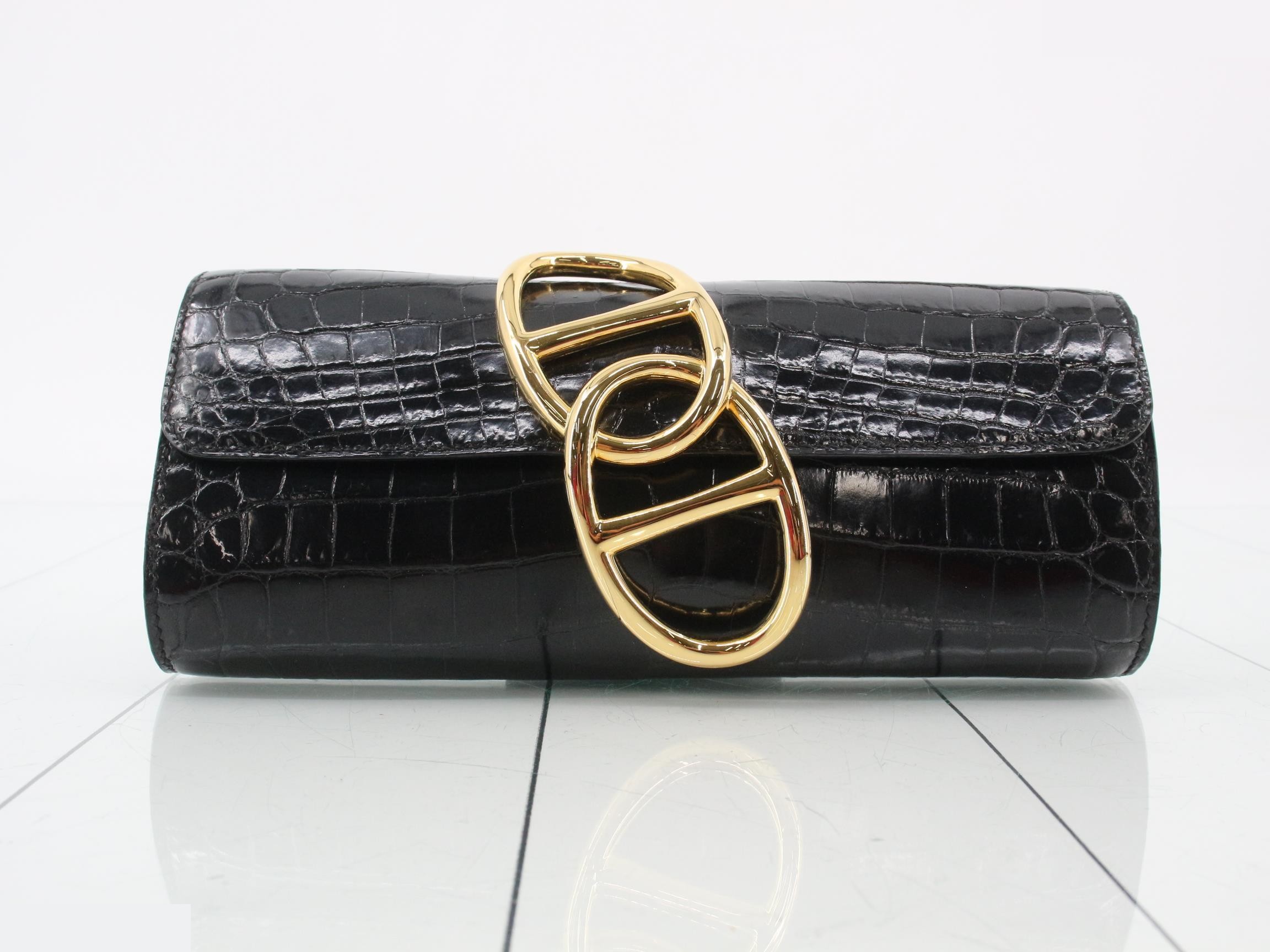 Pochette Eje Crocodile Embossed Second Bag, X Stamp, Black