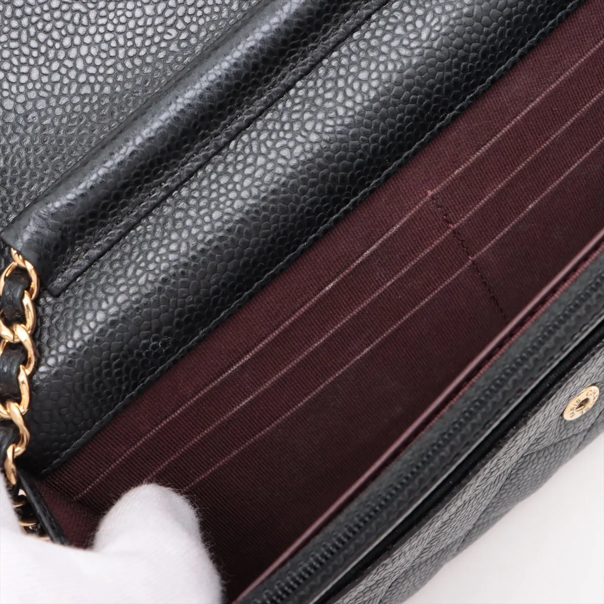 Matelassé Caviar Skin Chain Wallet, Black with Gold Hardware, 24737535, Serial Number 24 — view 13