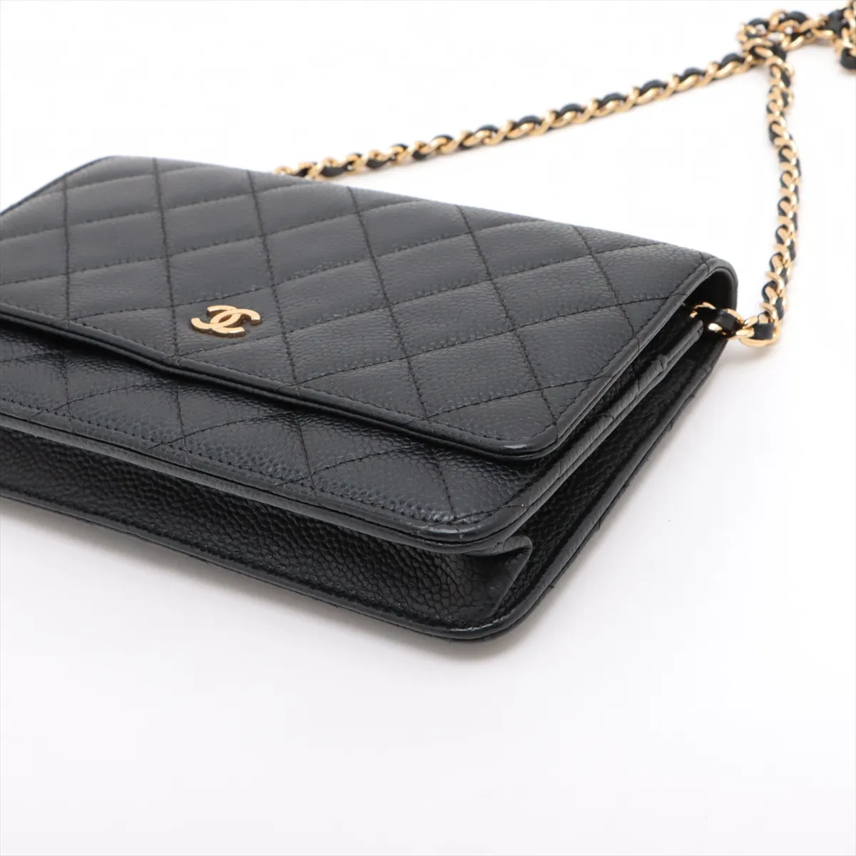 Matelassé Caviar Skin Chain Wallet, Black with Gold Hardware, 24737535, Serial Number 24 — view 3