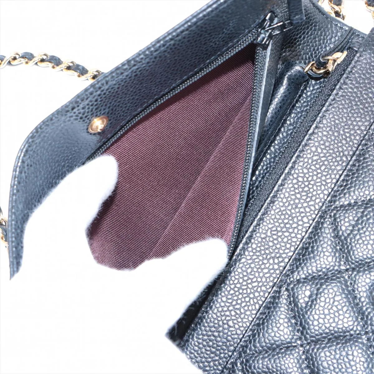 Matelassé Caviar Skin Chain Wallet, Black with Gold Hardware, 24737535, Serial Number 24 — view 10