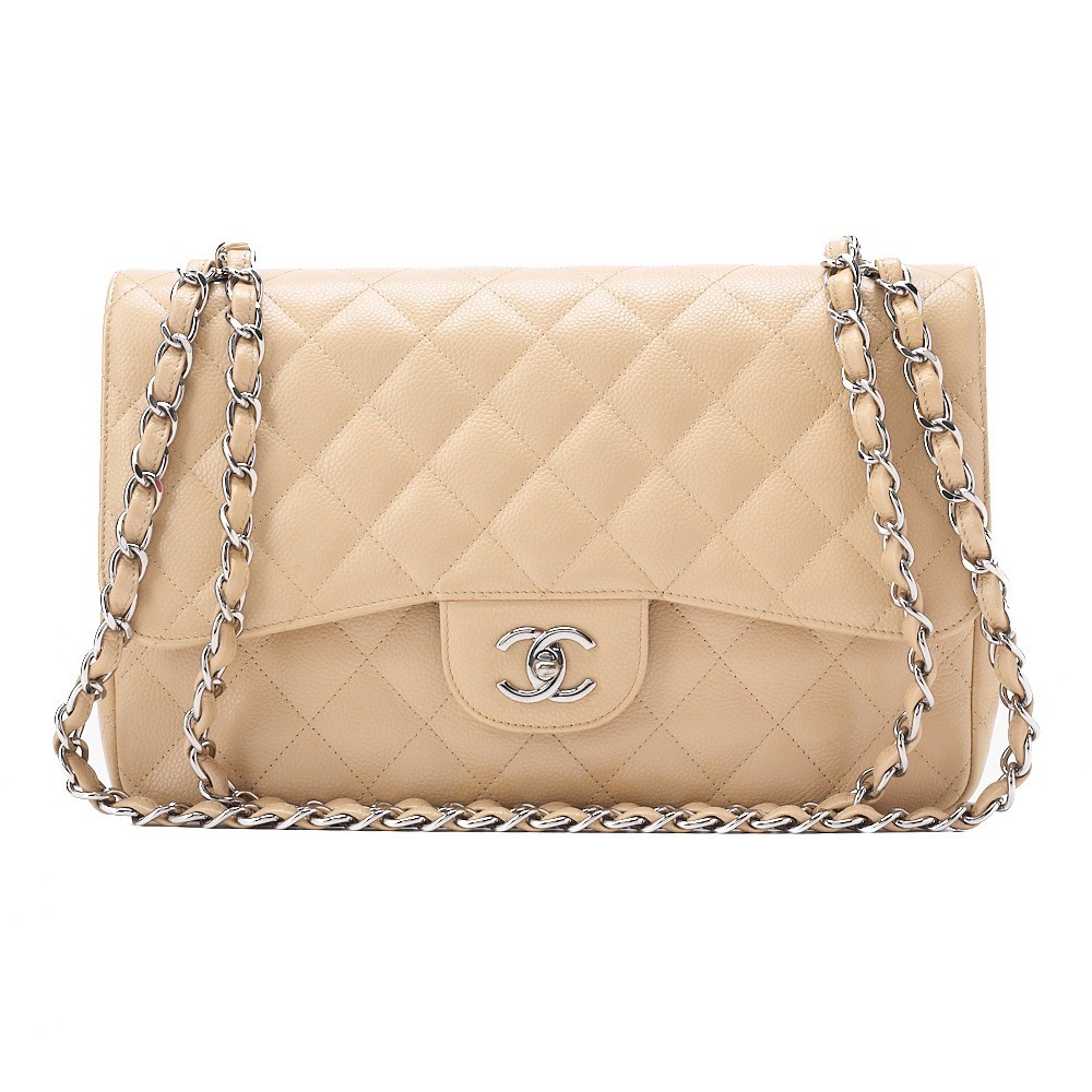 Caviar leather matelassé 30cm double flap chain shoulder bag, beige.