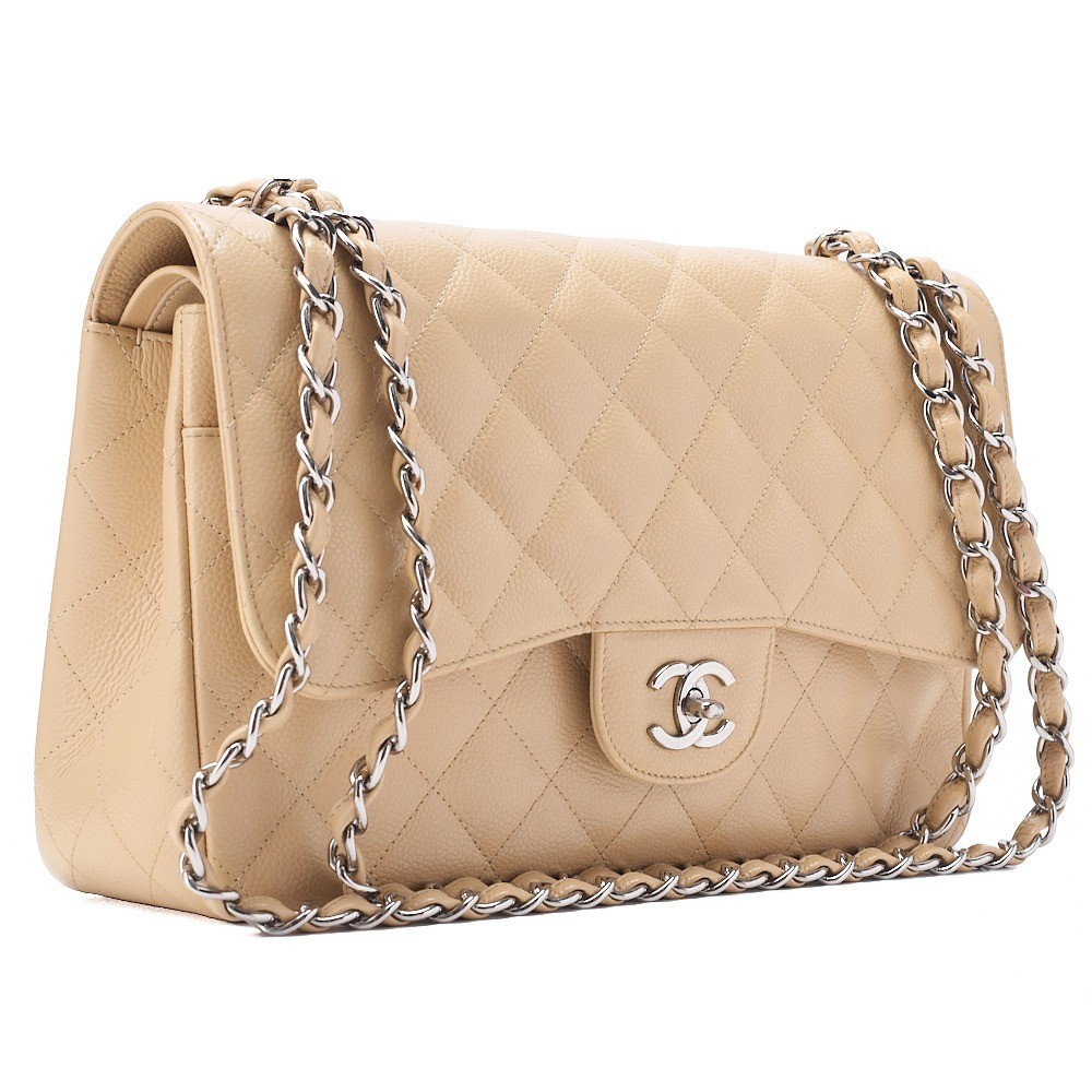 Caviar leather matelassé 30cm double flap chain shoulder bag, beige. — view 3