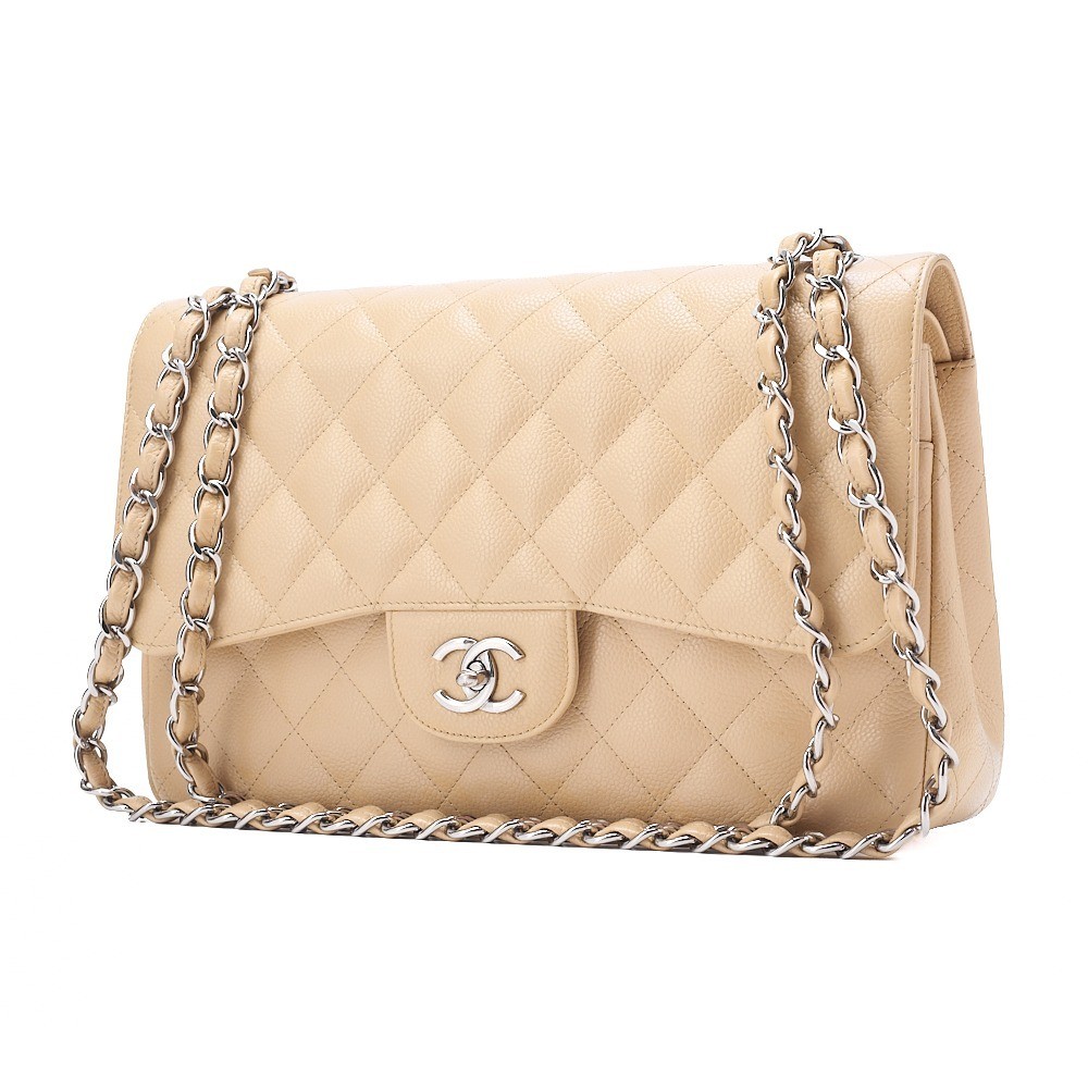 Caviar leather matelassé 30cm double flap chain shoulder bag, beige. — view 4
