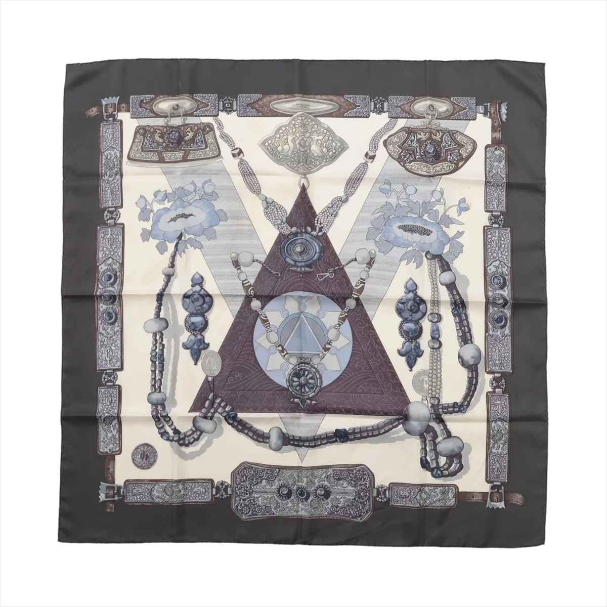 Carre 90 TIBET scarf, silk, dark gray. Shows wear,