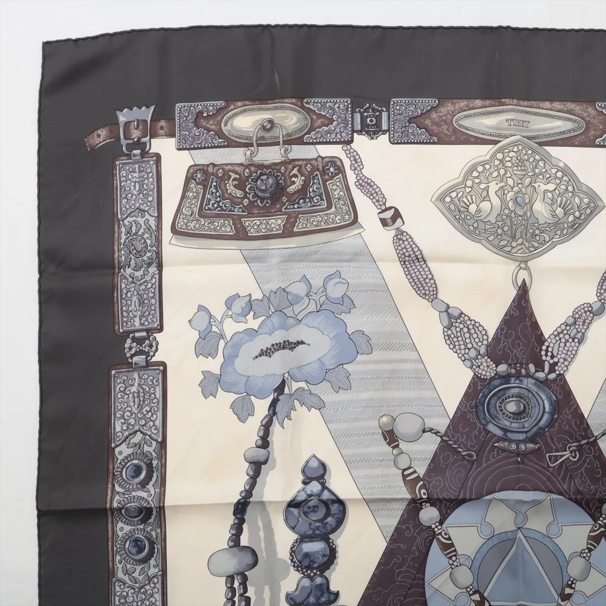 Carre 90 TIBET scarf, silk, dark gray. Shows wear, — view 2