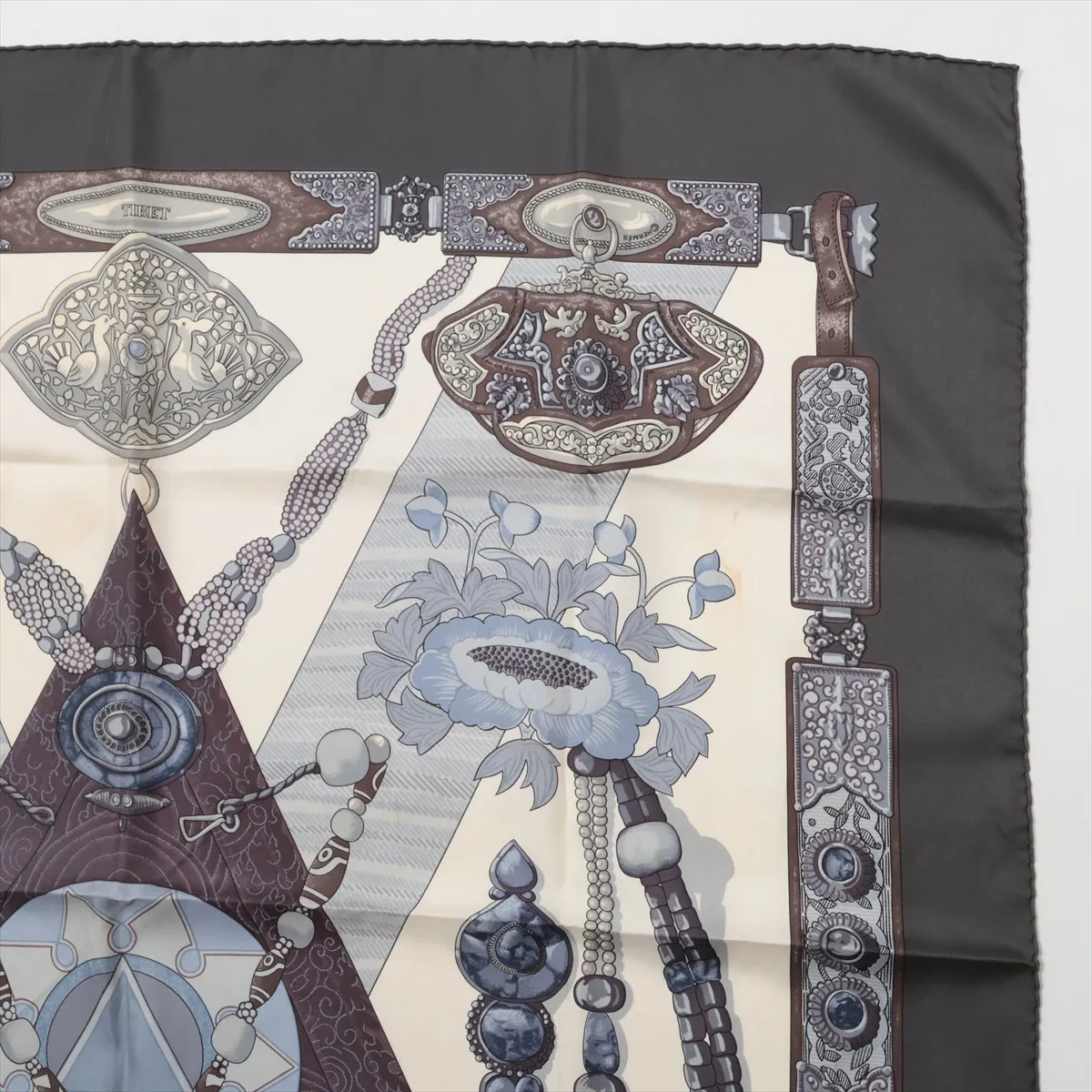 Carre 90 TIBET scarf, silk, dark gray. Shows wear, — view 3