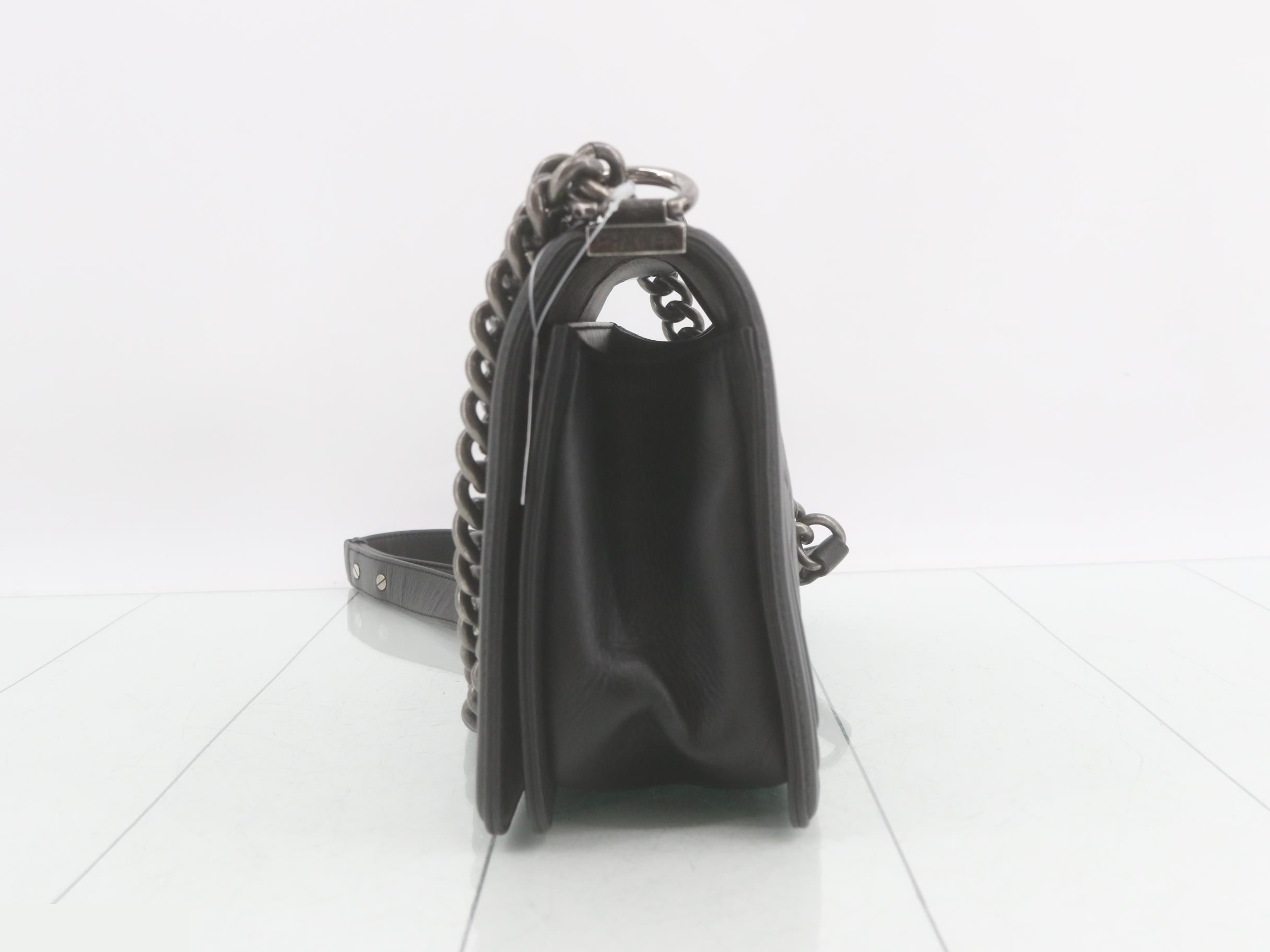 Boy Chanel Leather Chain Shoulder Bag, Black — view 3