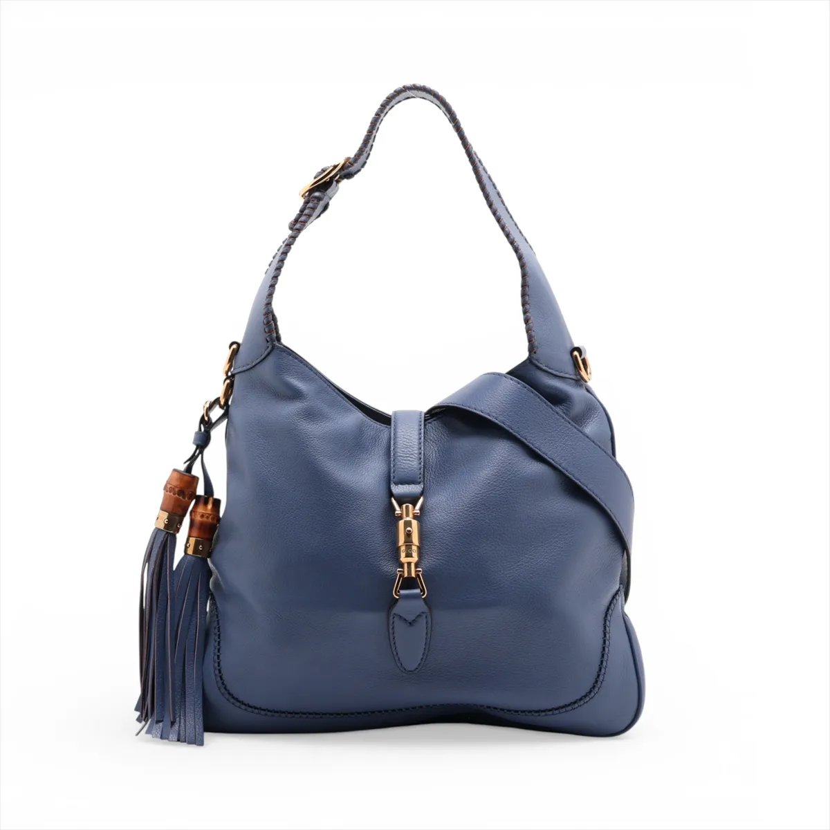 New Jackie Leather 2-Way Shoulder Bag, Blue, 298005, with initials.