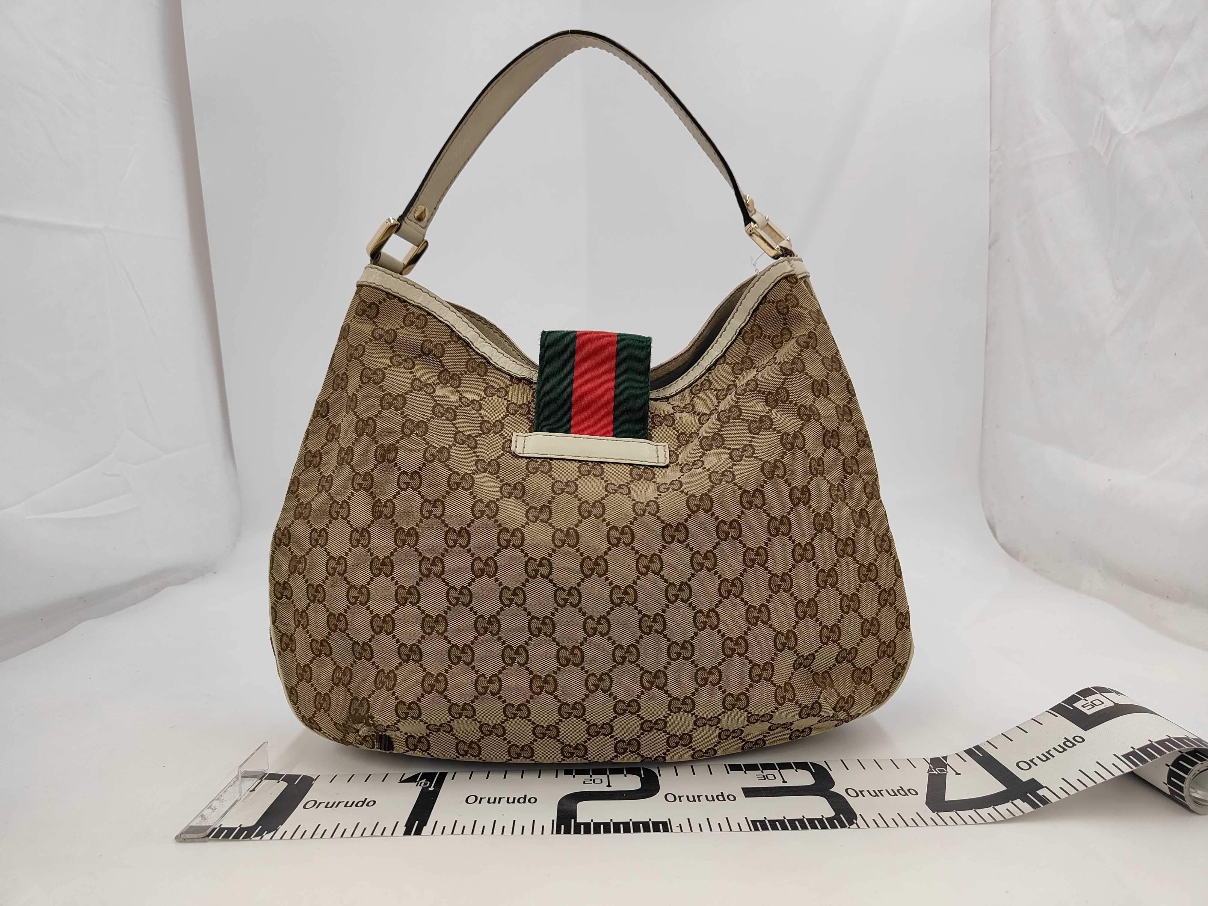 White Canvas GG Monogram Red and Green Buckle Pumpkin Shoulder Bag — view 2