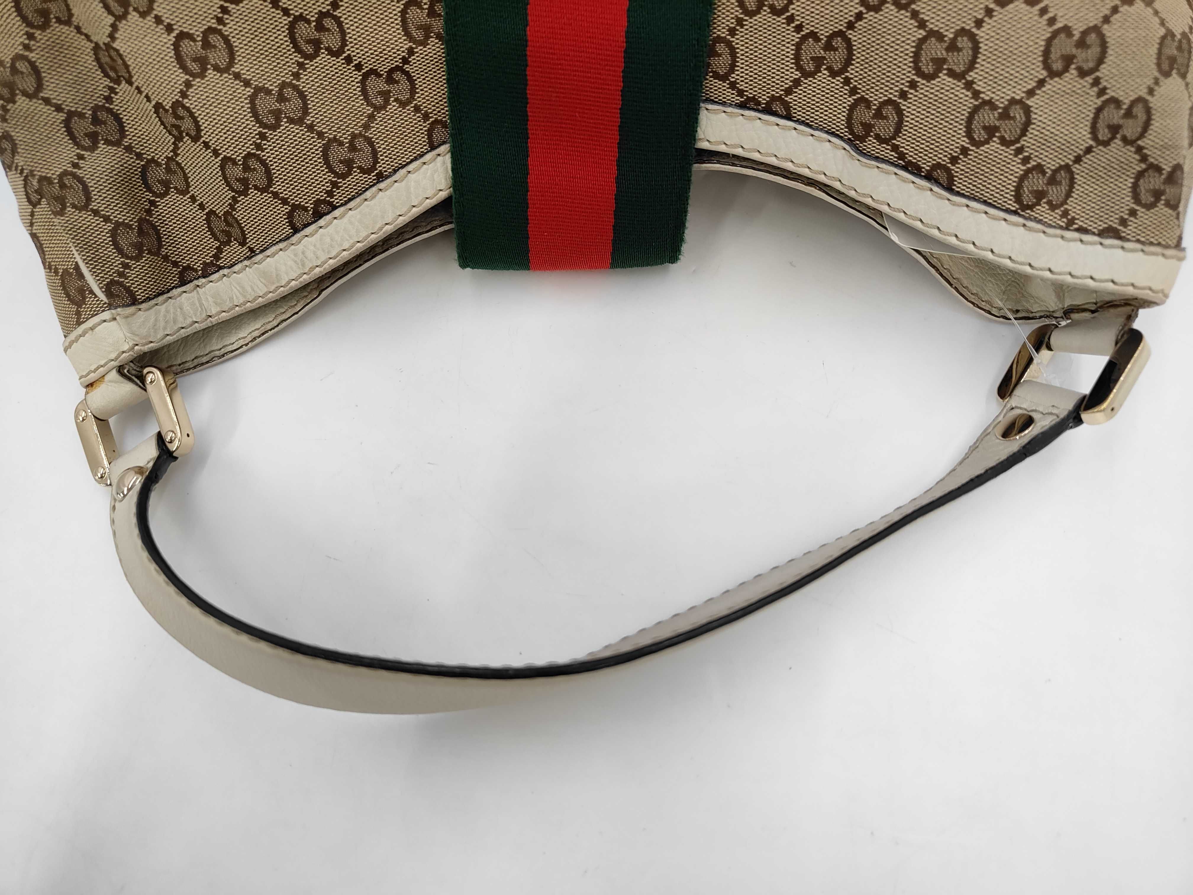 White Canvas GG Monogram Red and Green Buckle Pumpkin Shoulder Bag — view 5