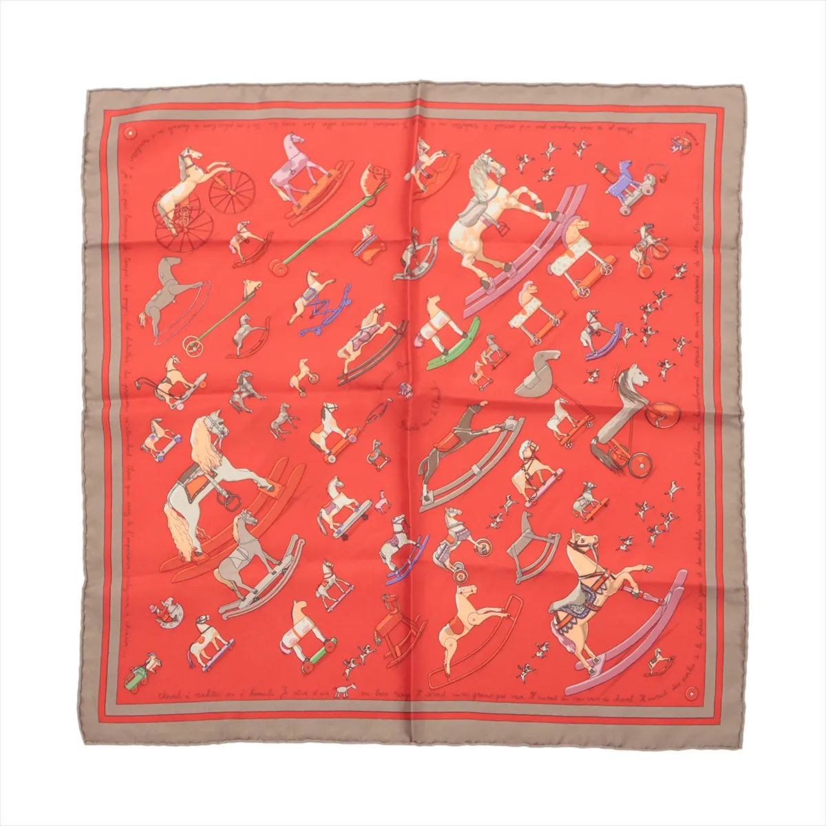 Carre 45 Raconte moi Le Cheval (Talking about horses) scarf, silk, red, with some wear, snags, and fraying.