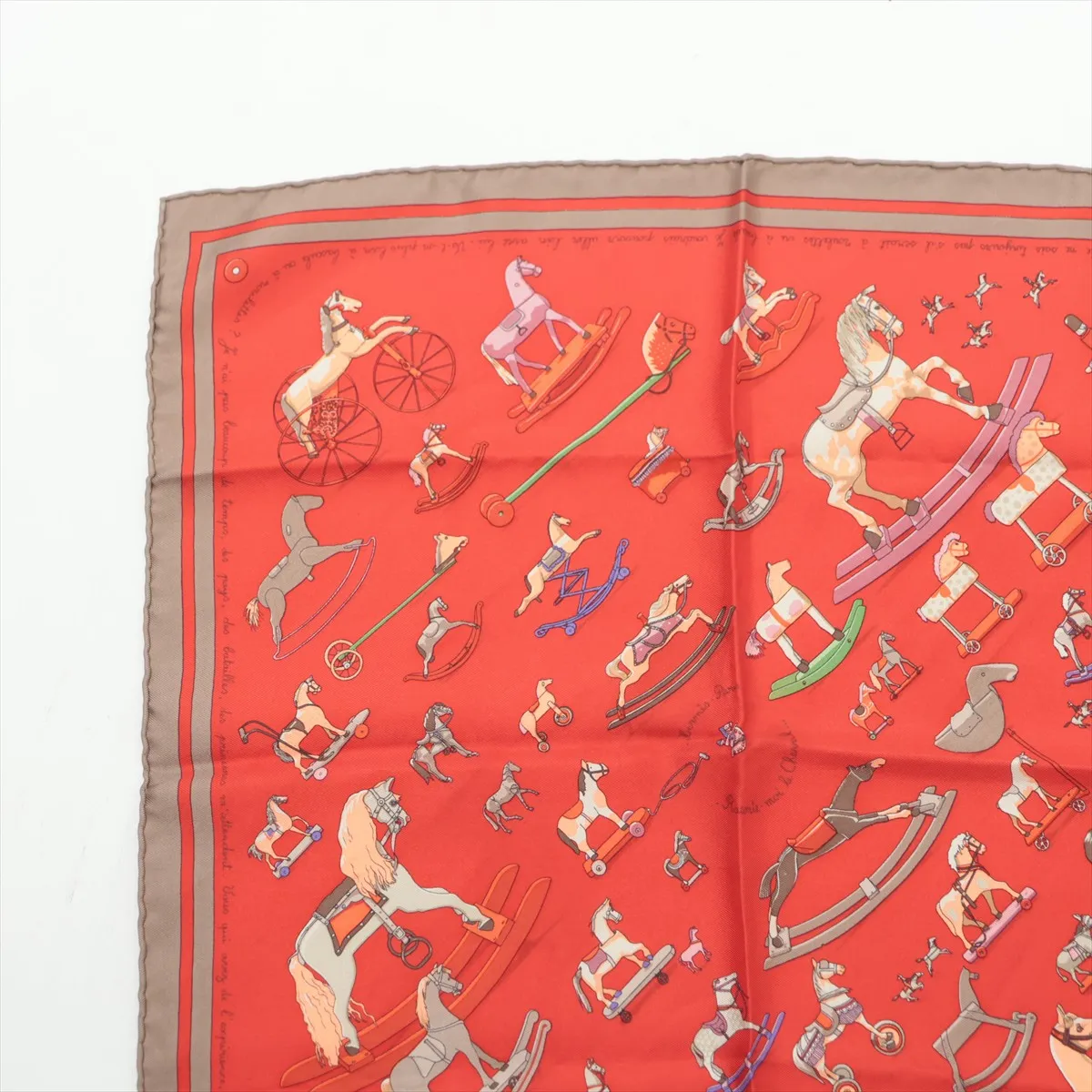 Carre 45 Raconte moi Le Cheval (Talking about horses) scarf, silk, red, with some wear, snags, and fraying. — view 2