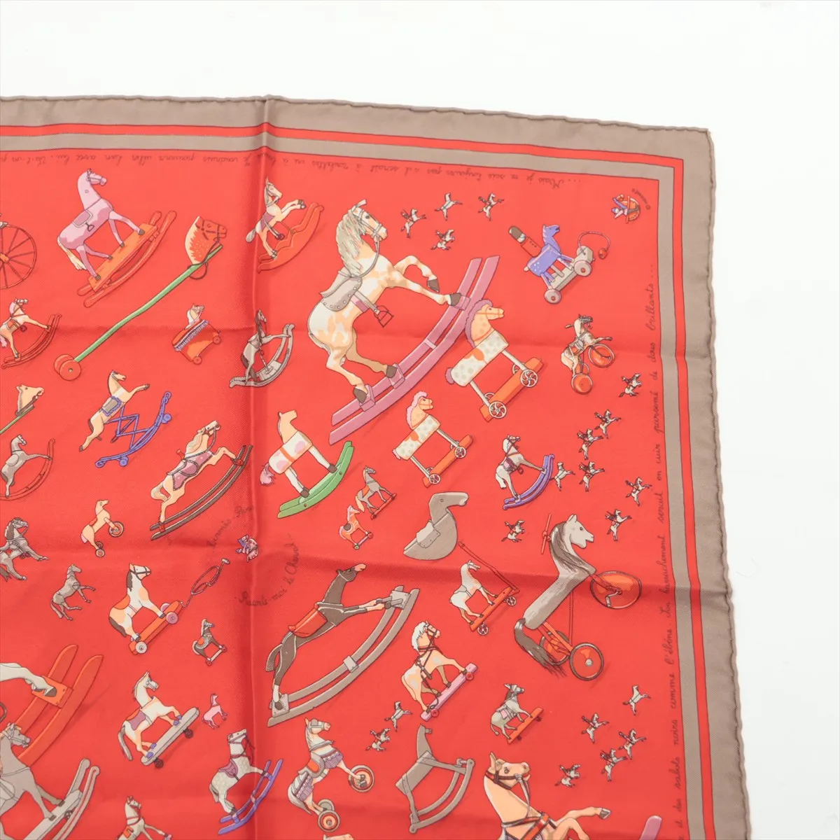 Carre 45 Raconte moi Le Cheval (Talking about horses) scarf, silk, red, with some wear, snags, and fraying. — view 3