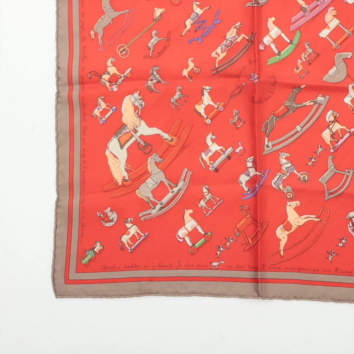 Carre 45 Raconte moi Le Cheval (Talking about horses) scarf, silk, red, with some wear, snags, and fraying. — view 5