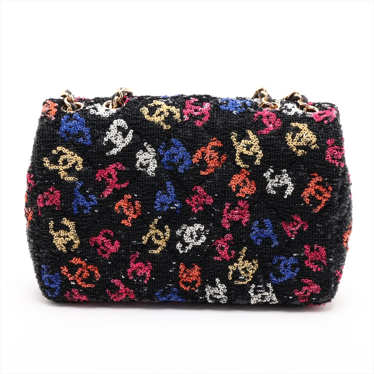 [Individually packaged] Chanel Mini Matelassé Sequin Single Flap Double Chain Bag, Black with Gold Hardware, NC37PL98, Random Plate — view 2