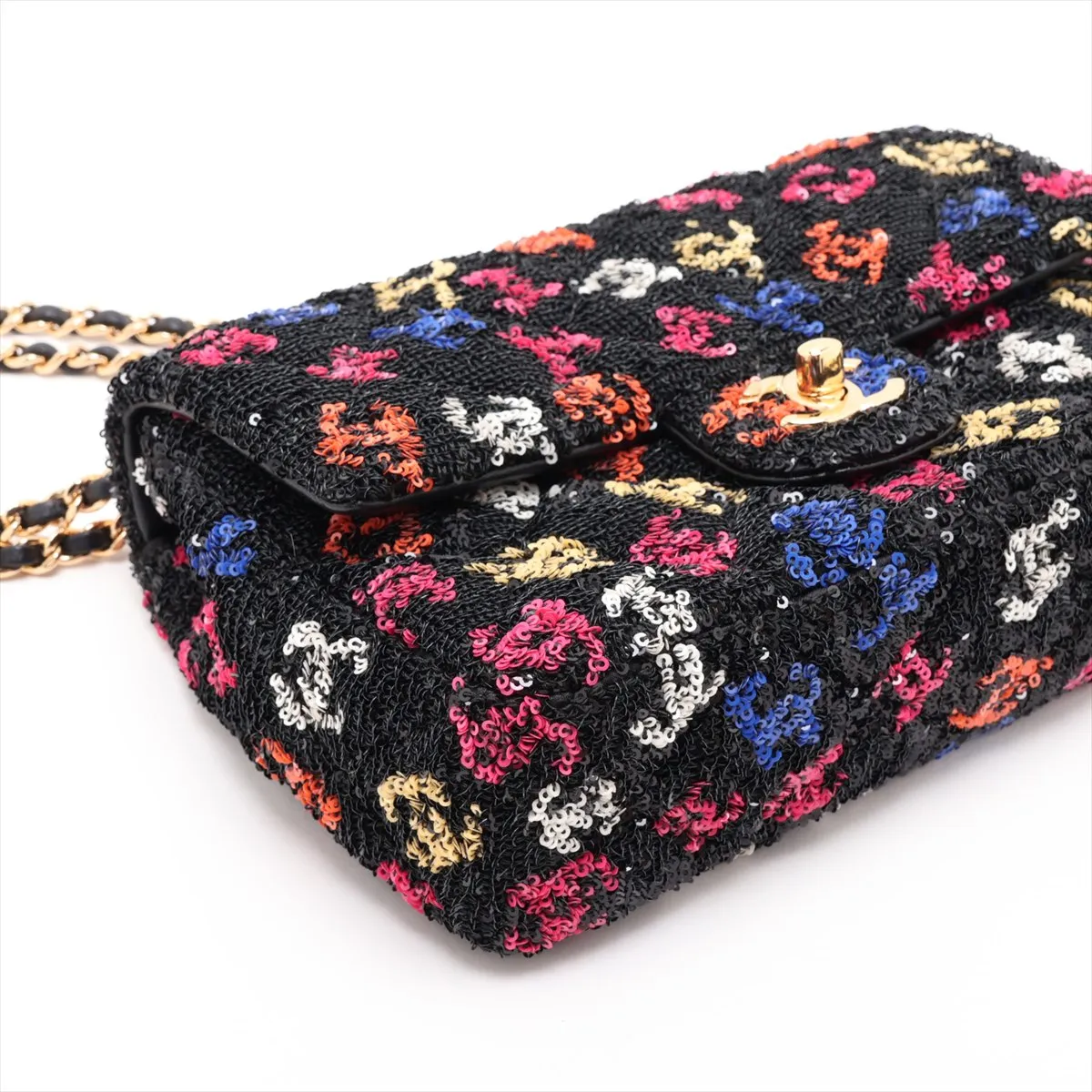 [Individually packaged] Chanel Mini Matelassé Sequin Single Flap Double Chain Bag, Black with Gold Hardware, NC37PL98, Random Plate — view 4