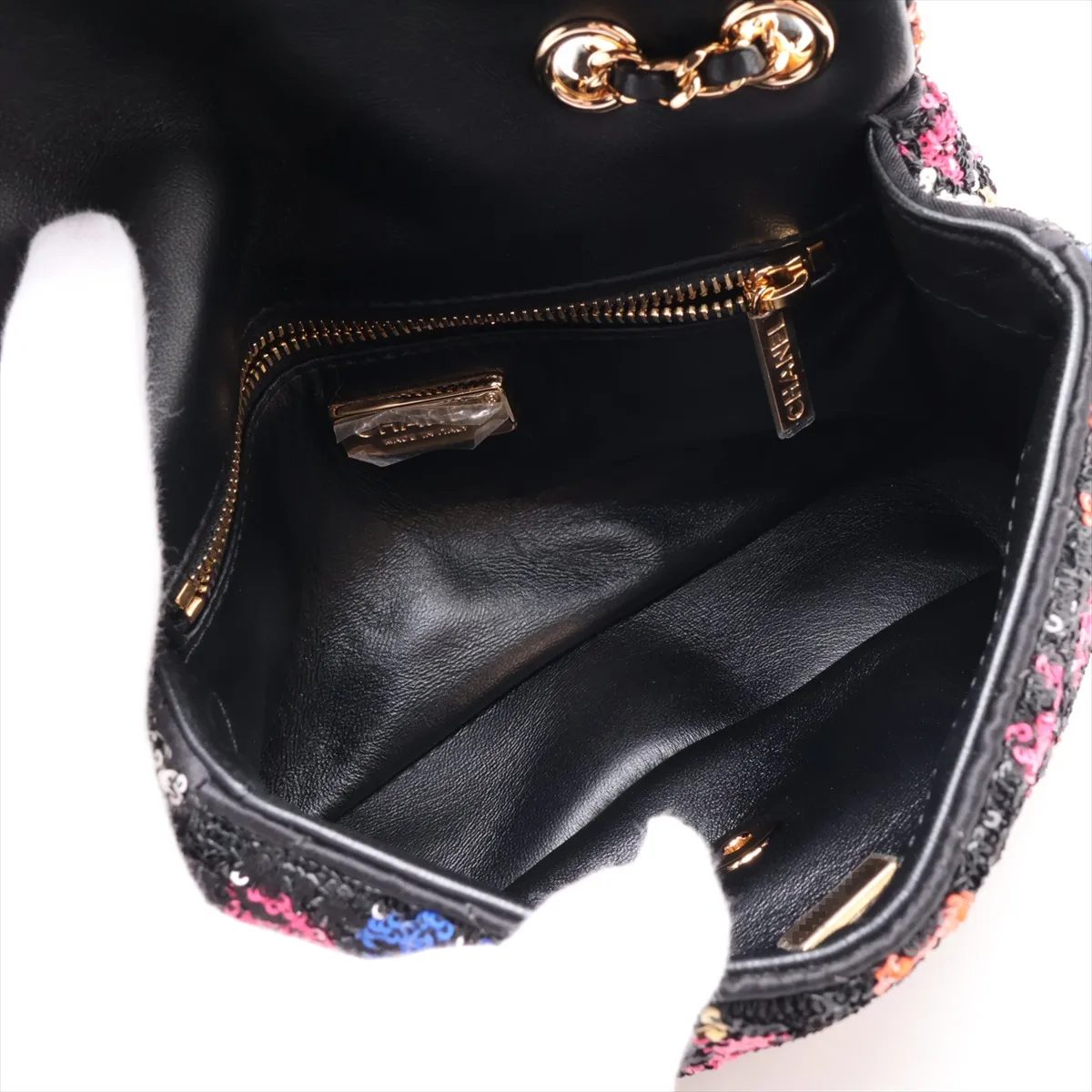 [Individually packaged] Chanel Mini Matelassé Sequin Single Flap Double Chain Bag, Black with Gold Hardware, NC37PL98, Random Plate — view 6