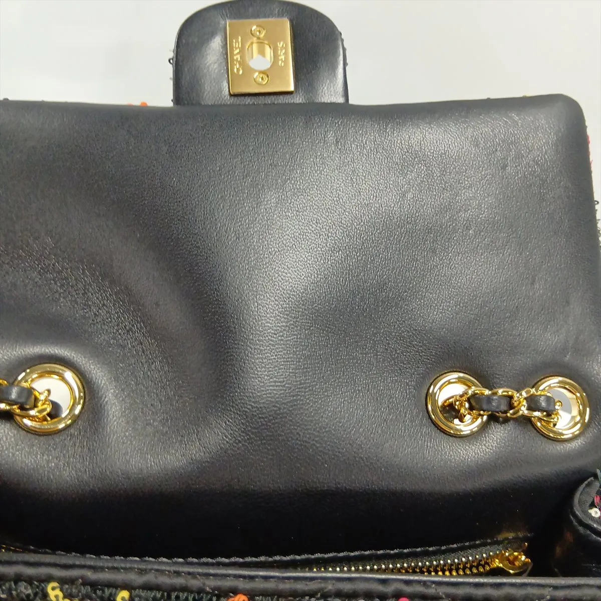 [Individually packaged] Chanel Mini Matelassé Sequin Single Flap Double Chain Bag, Black with Gold Hardware, NC37PL98, Random Plate — view 10