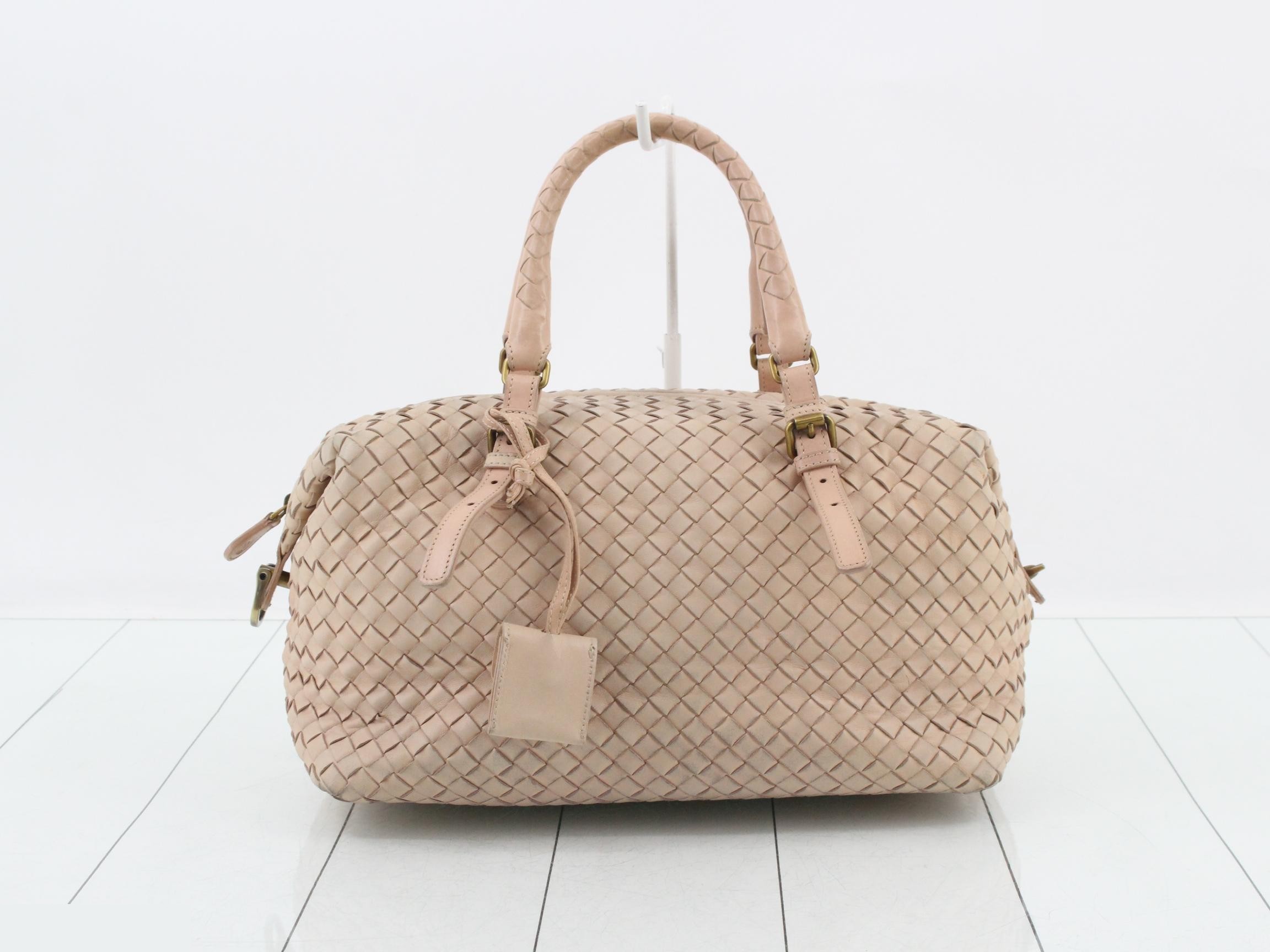 Intrecciato Mini Boston Bag, Leather, Beige