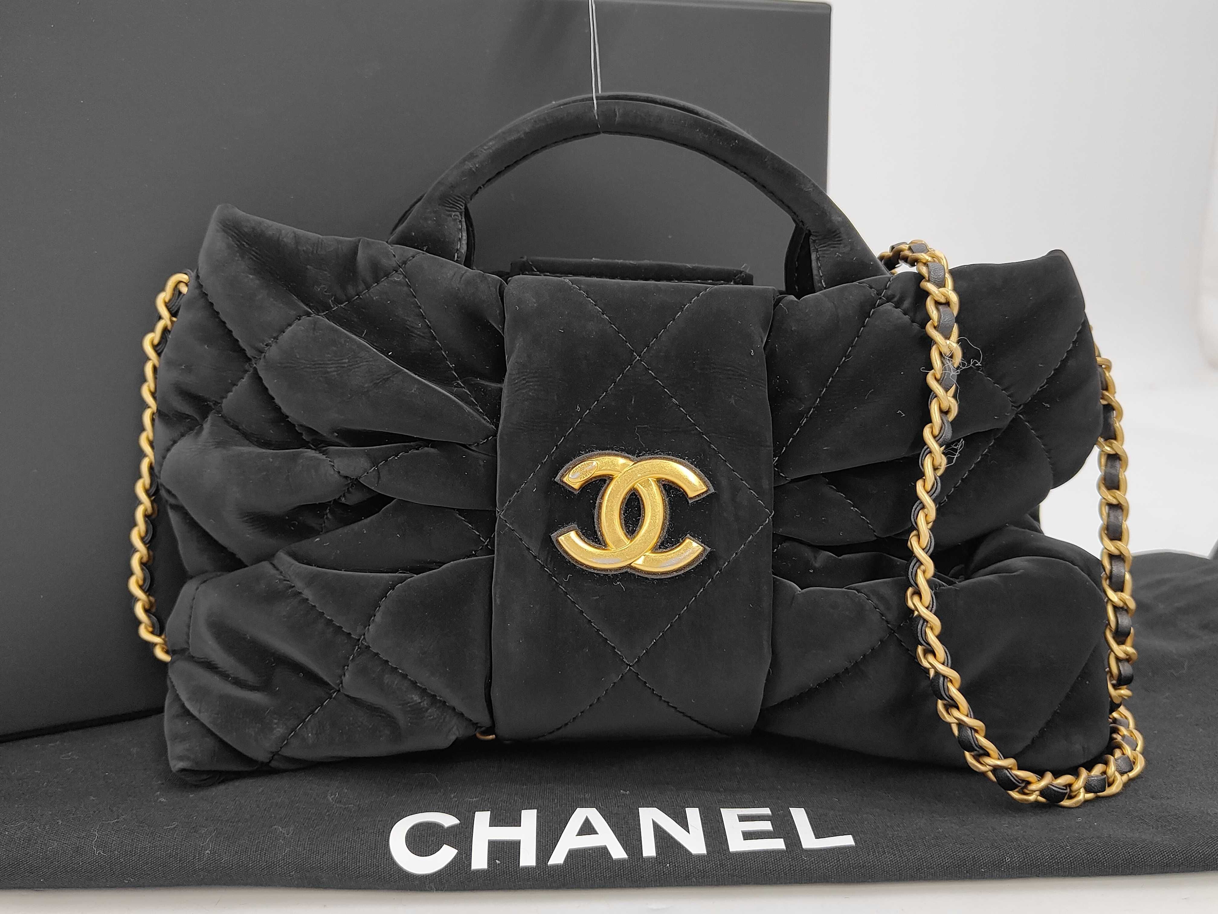 Mini Bow Bag, Velvet Effect Nylon, AS5849, Black, Gold Hardware, Shoulder Bag