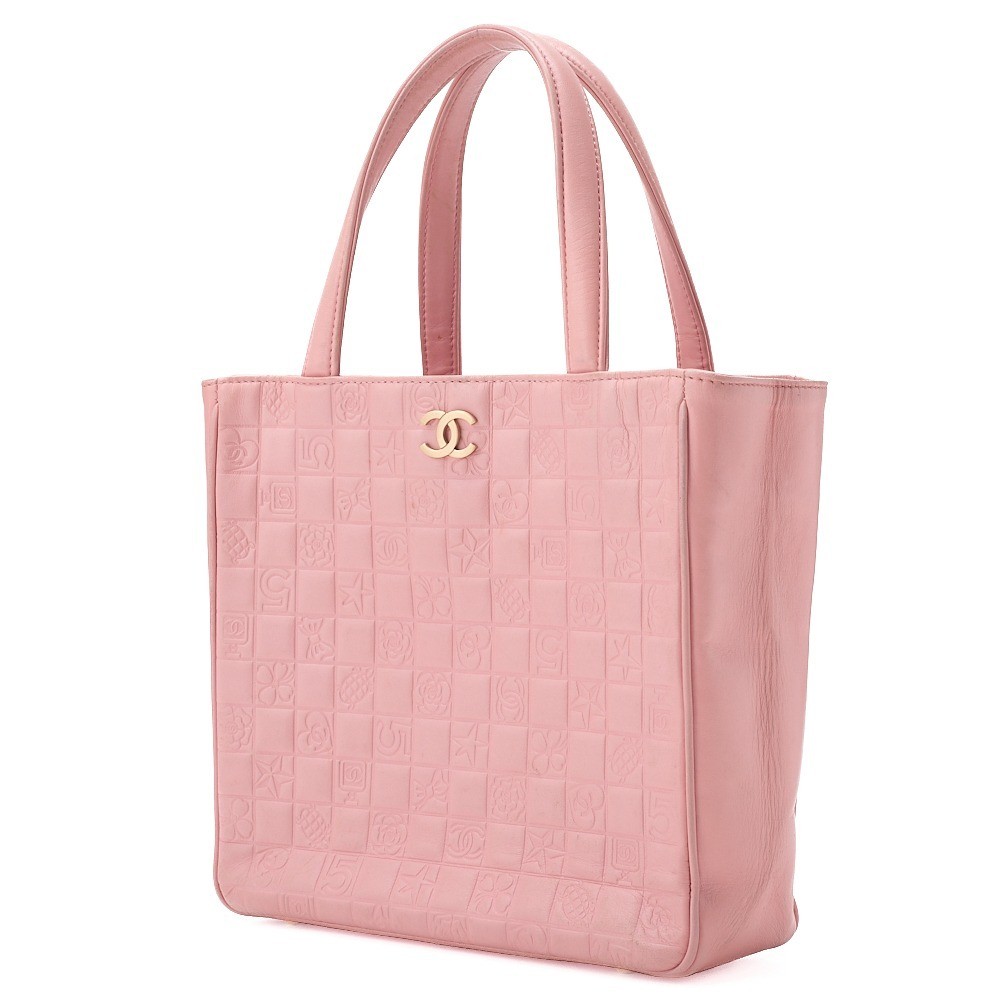 Chocolate bar lambskin tote bag with Coco mark, pink, gold hardware, item number 8. — view 3