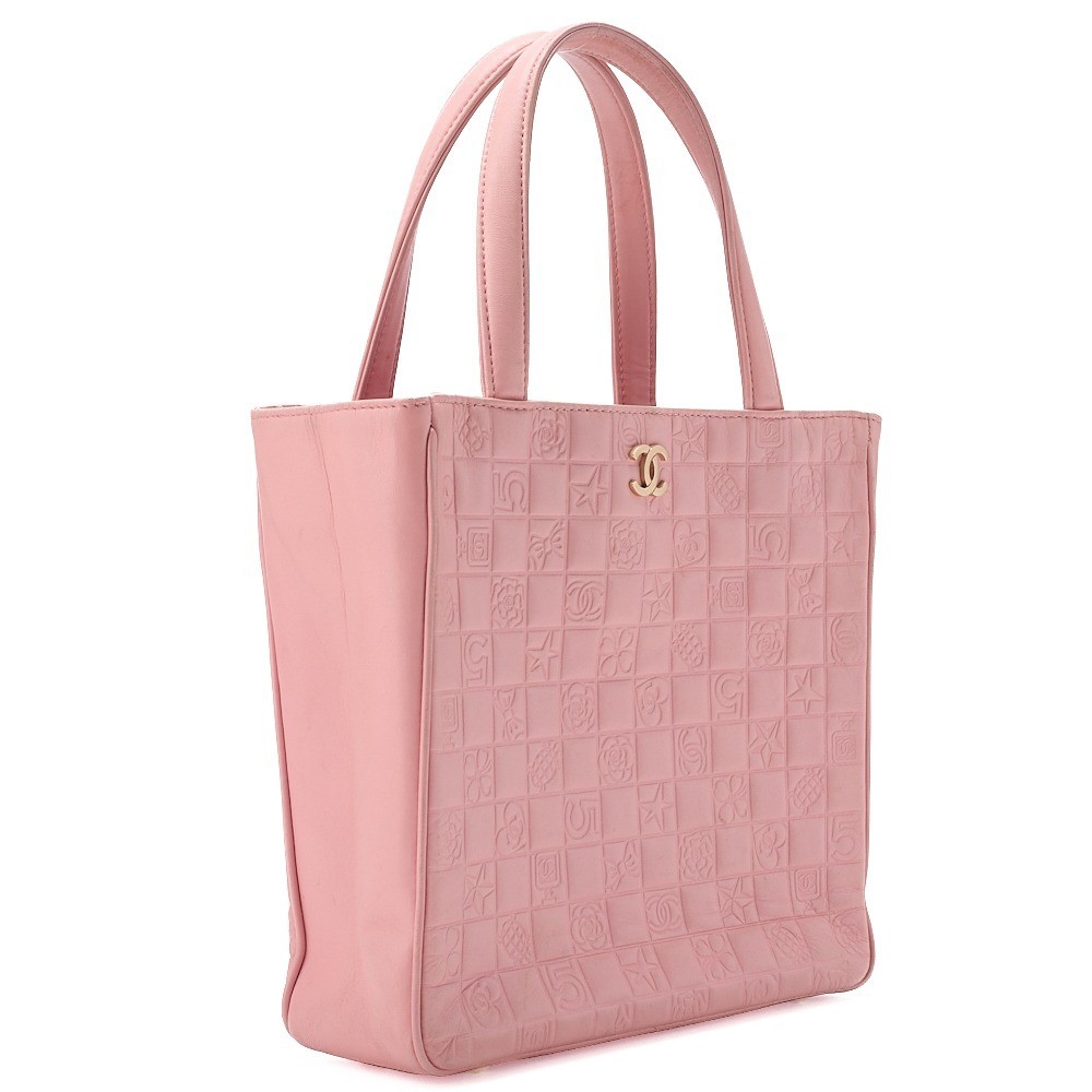 Chocolate bar lambskin tote bag with Coco mark, pink, gold hardware, item number 8. — view 4