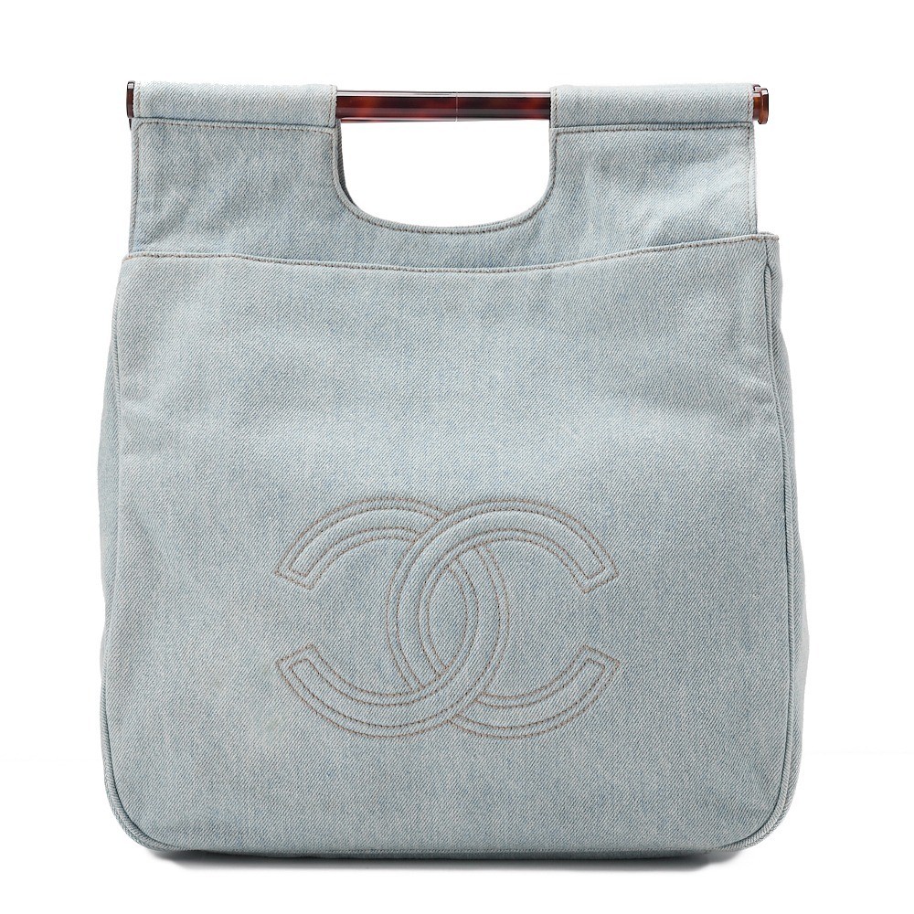 Denim tote bag with Coco Mark logo, blue, gold hardware, model number 4.
