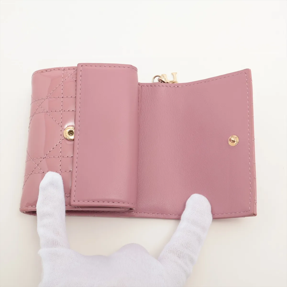 Lady Dior Cannage Patent Leather Compact Wallet Pink — view 3