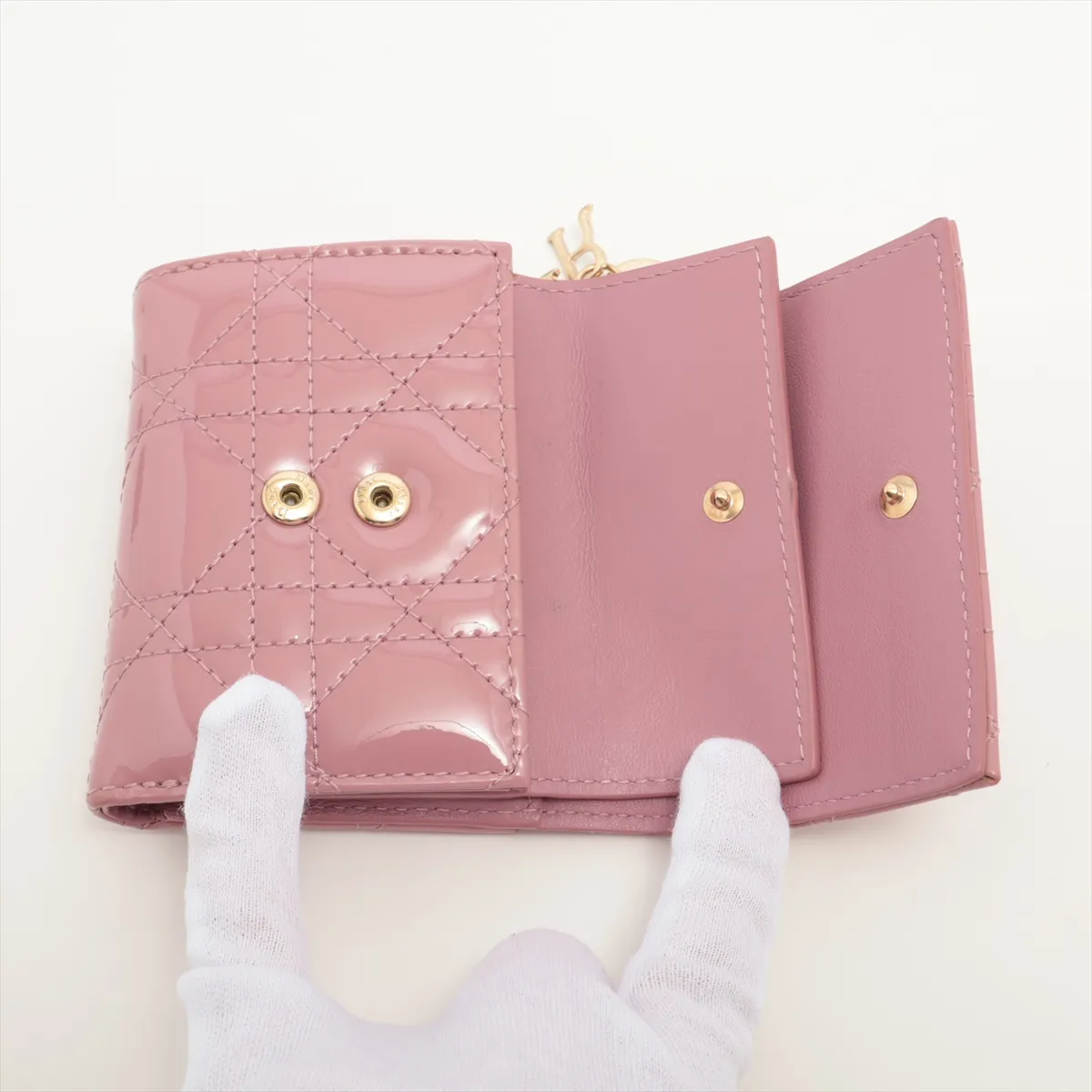 Lady Dior Cannage Patent Leather Compact Wallet Pink — view 5