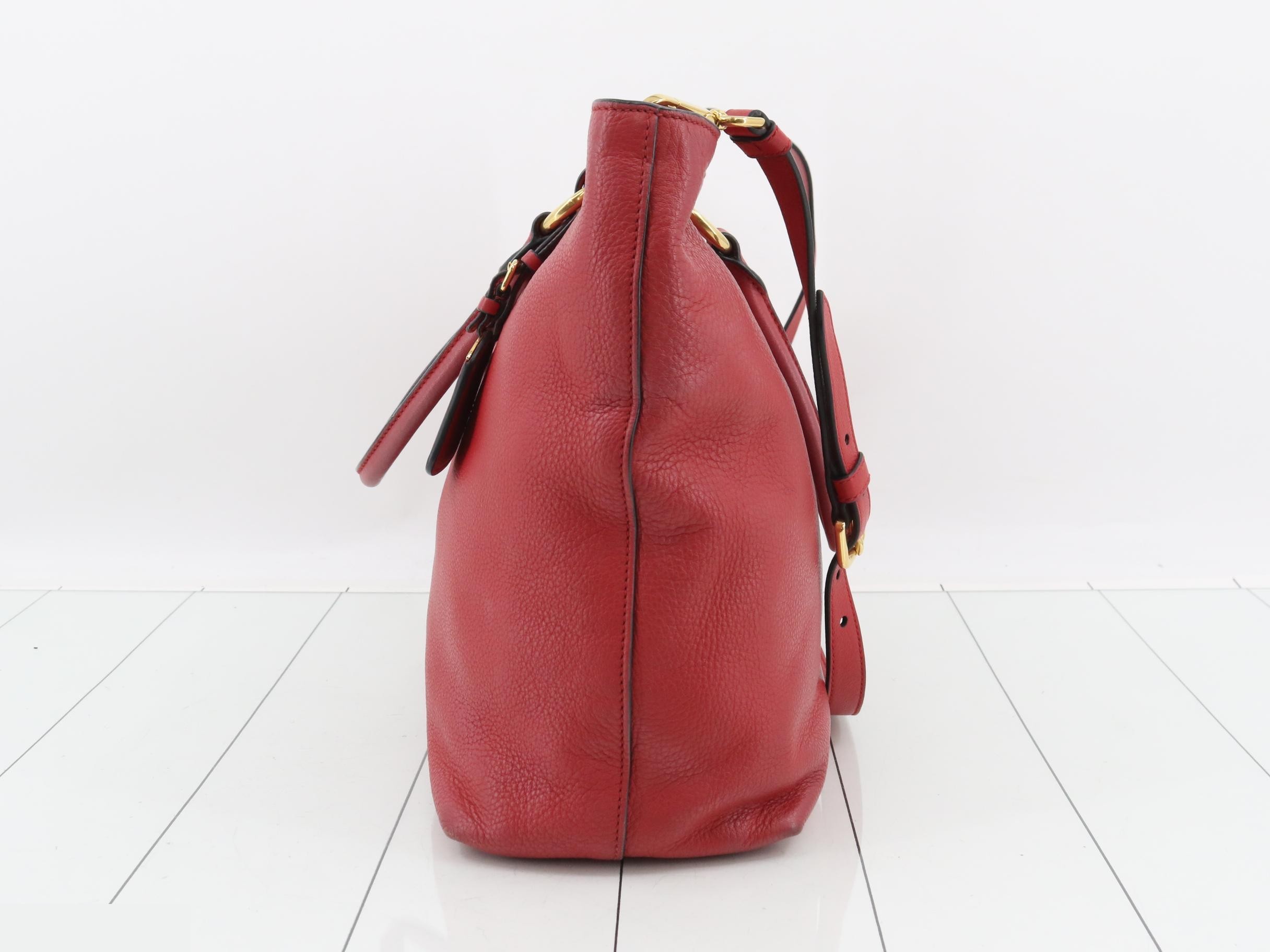 Leather tote bag, red, gold hardware, with shoulder strap and name tag. — view 3