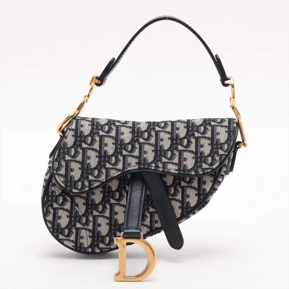 Oblique Saddle Bag Canvas x Leather Handbag Navy
