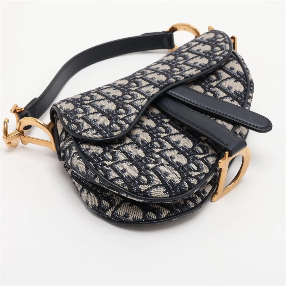 Oblique Saddle Bag Canvas x Leather Handbag Navy — view 4