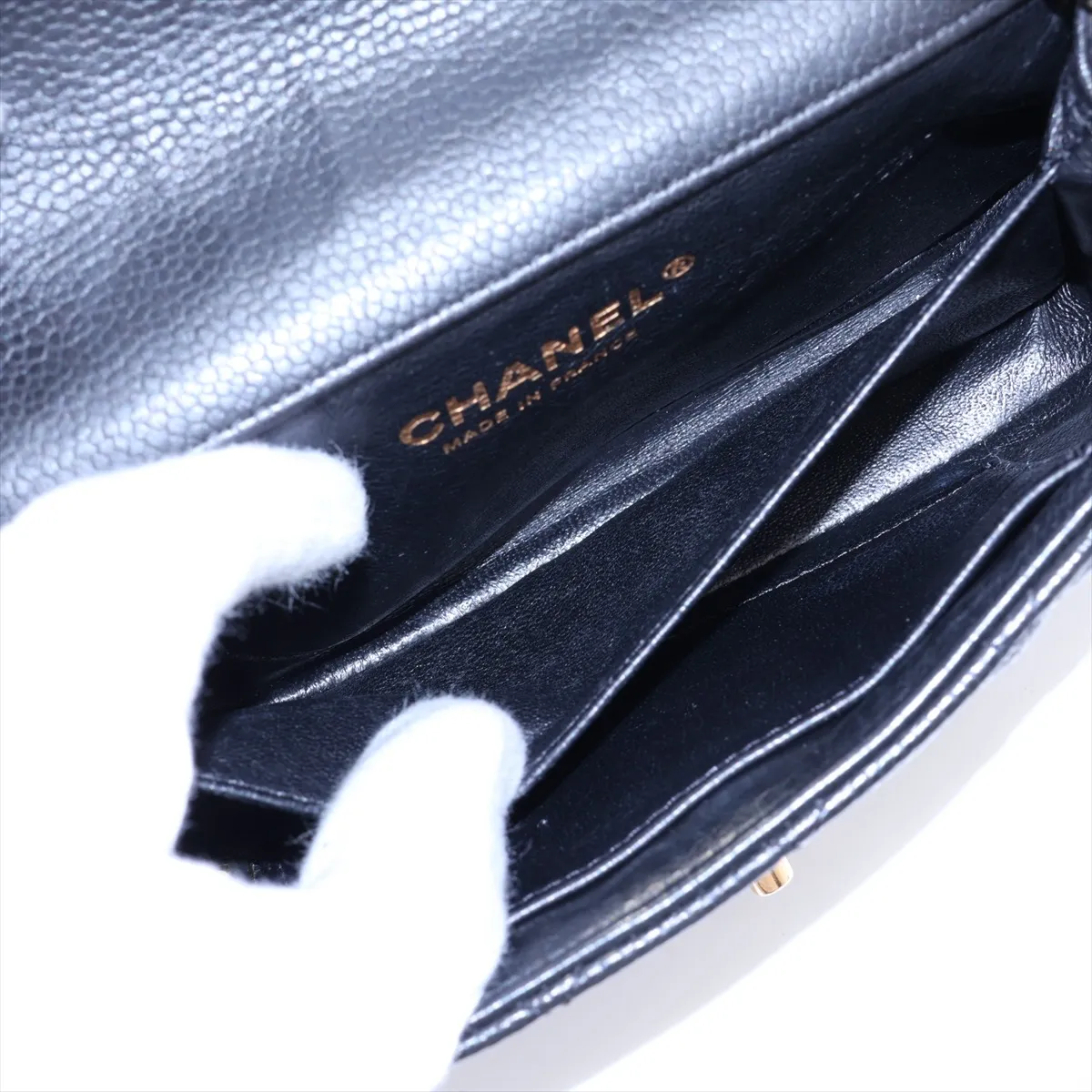 Mini Matelassé 17 Caviar Skin Single Flap Single Chain Bag, Black with Gold Hardware, 17200465, Serial Number 17 — view 7