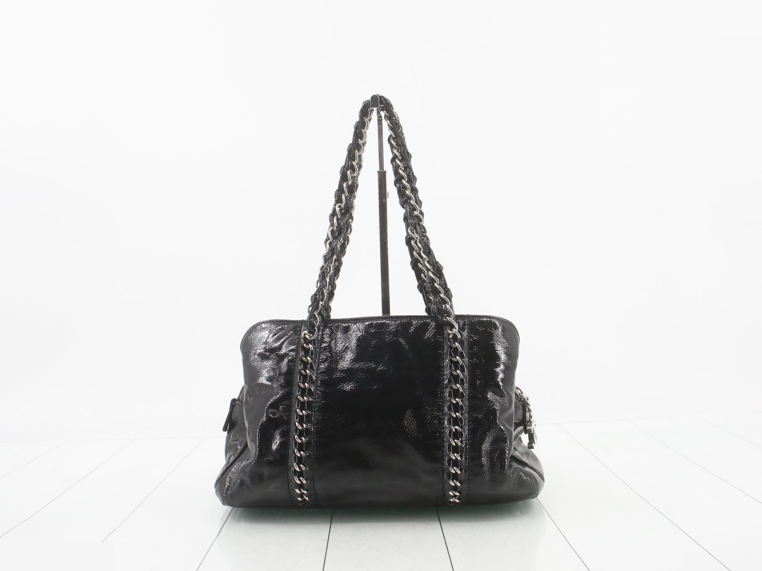 Patent leather Chanel Coco logo chain shoulder bag, black, silver hardware. — view 2