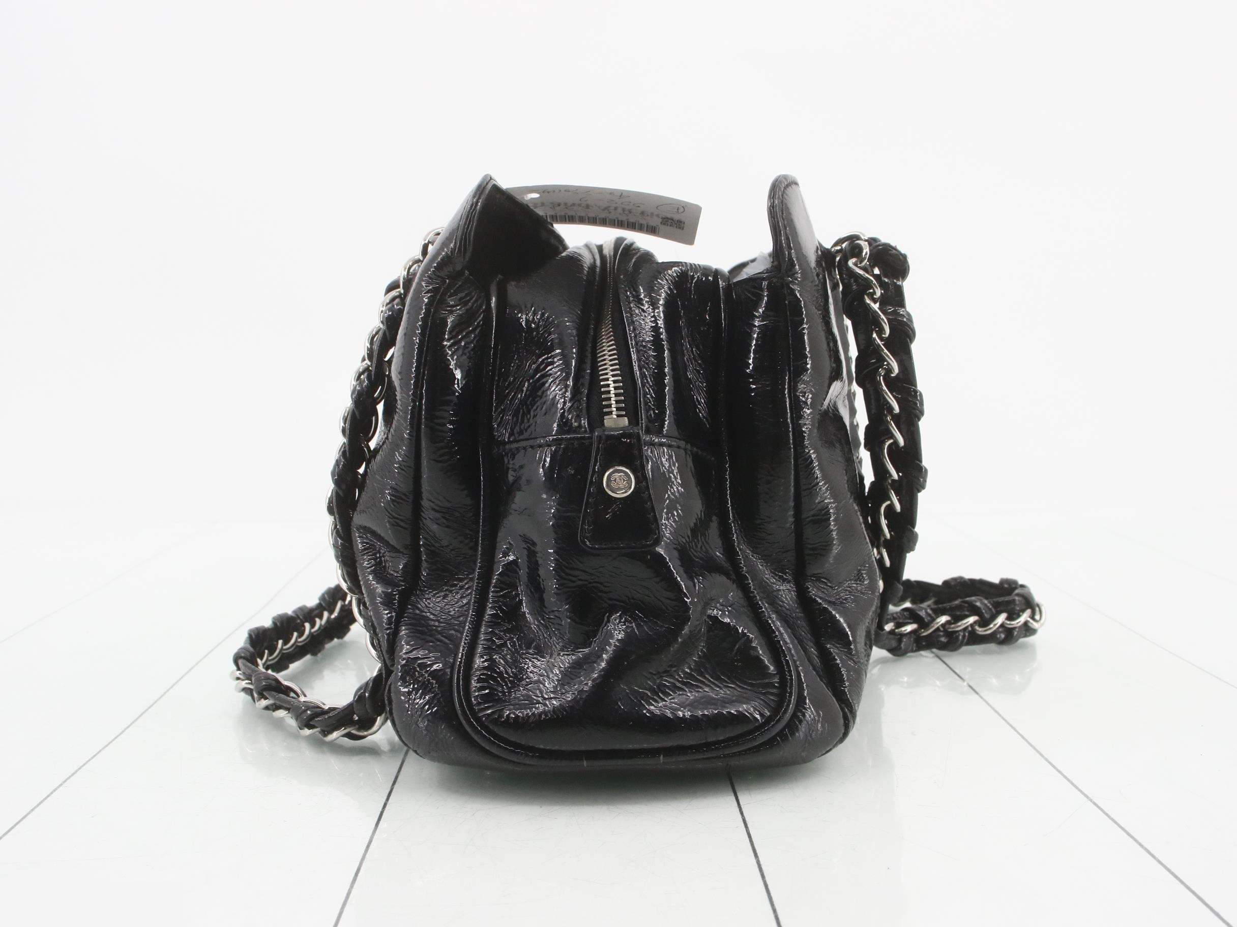 Patent leather Chanel Coco logo chain shoulder bag, black, silver hardware. — view 3