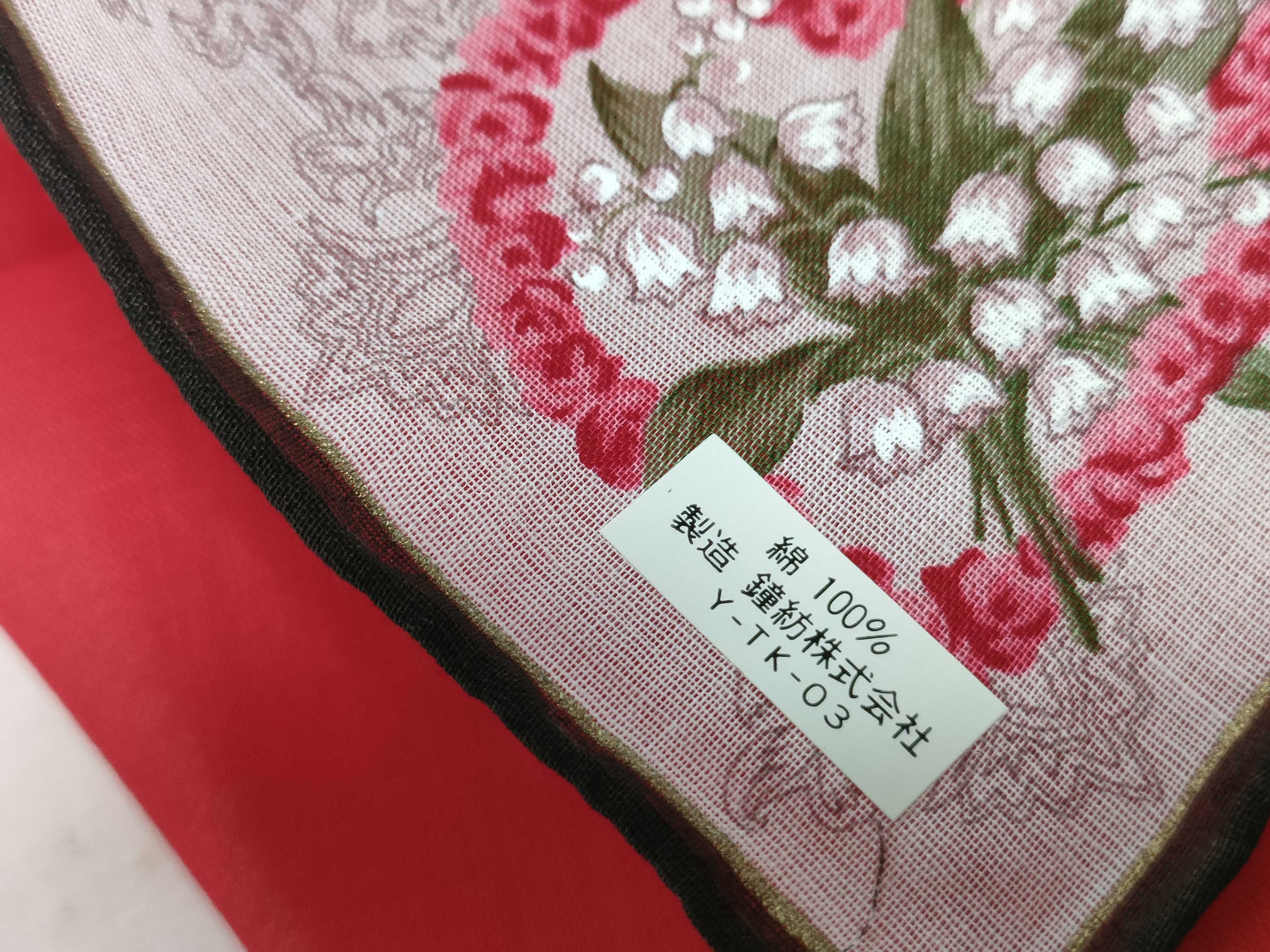 handkerchief scarf with sticker, heart and lily of the valley design, red, and other accessories. — view 5