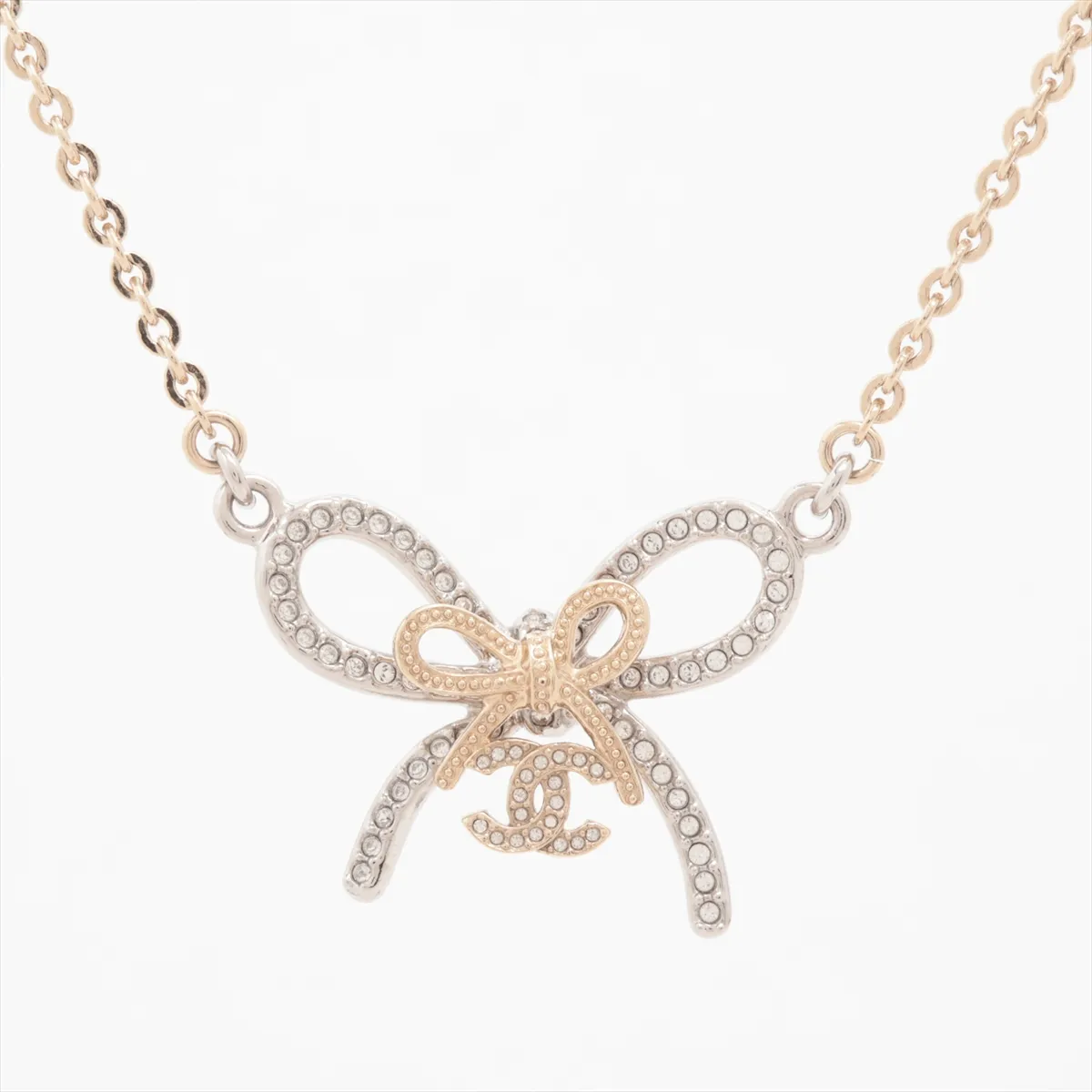 Coco Mark Ribbon B25K Necklace, GP x Rhinestone, Gold x Silver,