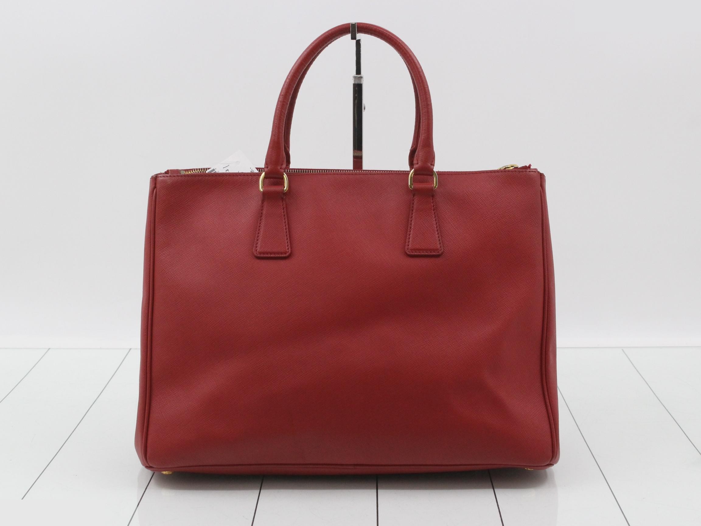 Triangle Logo Handbag, Red, Saffiano Leather — view 2